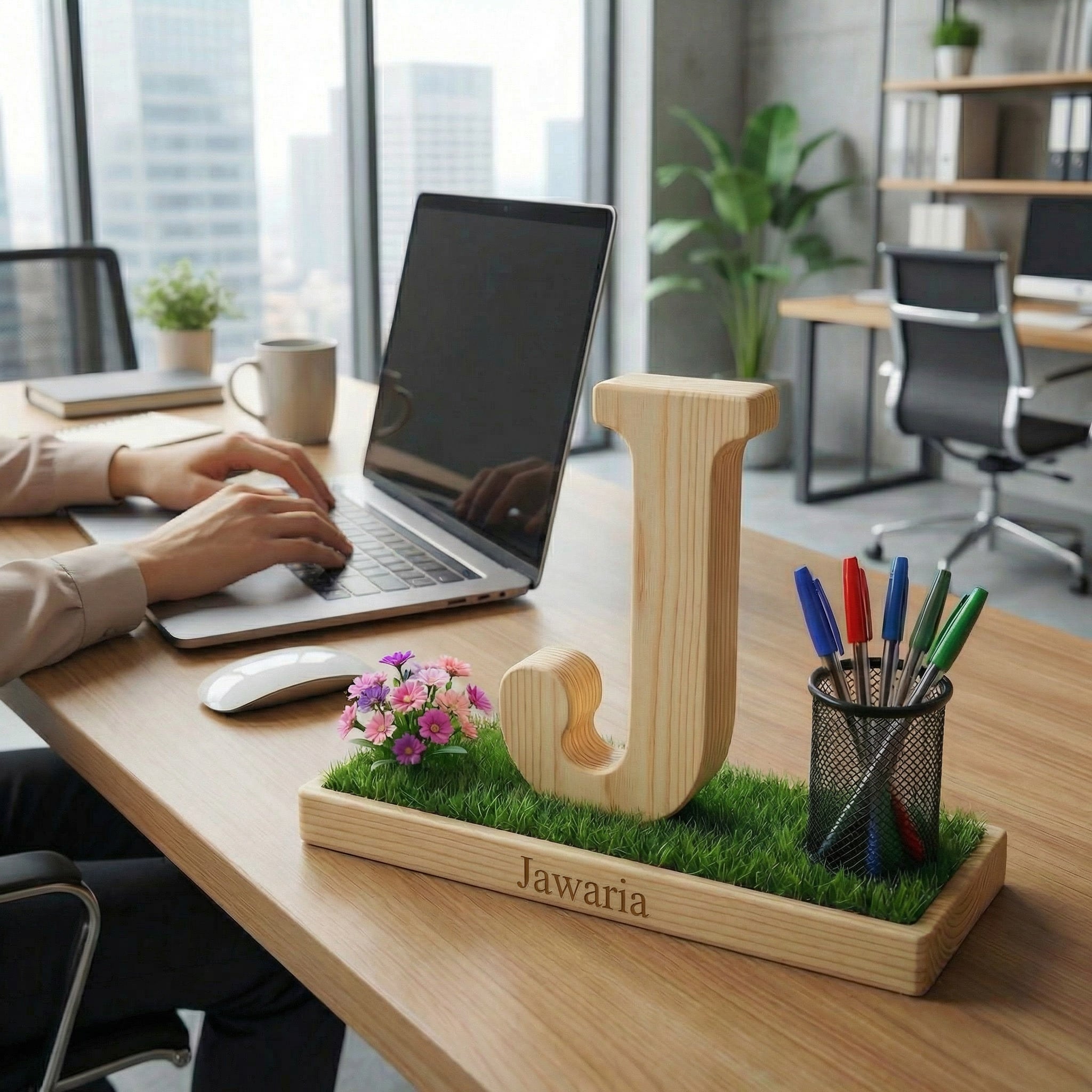 Personalized Wooden Capital Letter J Organizer with Miniature Garden - Custom Name Engraved Gift for Home Office, Study Desk, and Decor.