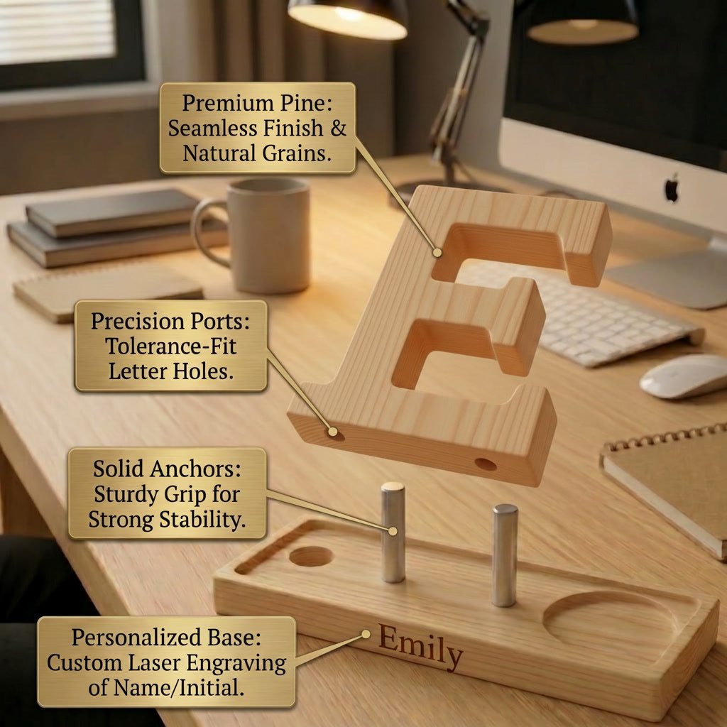 Personalized Wooden Capital Letter E Organizer with Miniature Garden - Custom Name Engraved Gift for Home Office, Study Desk, and Decor.