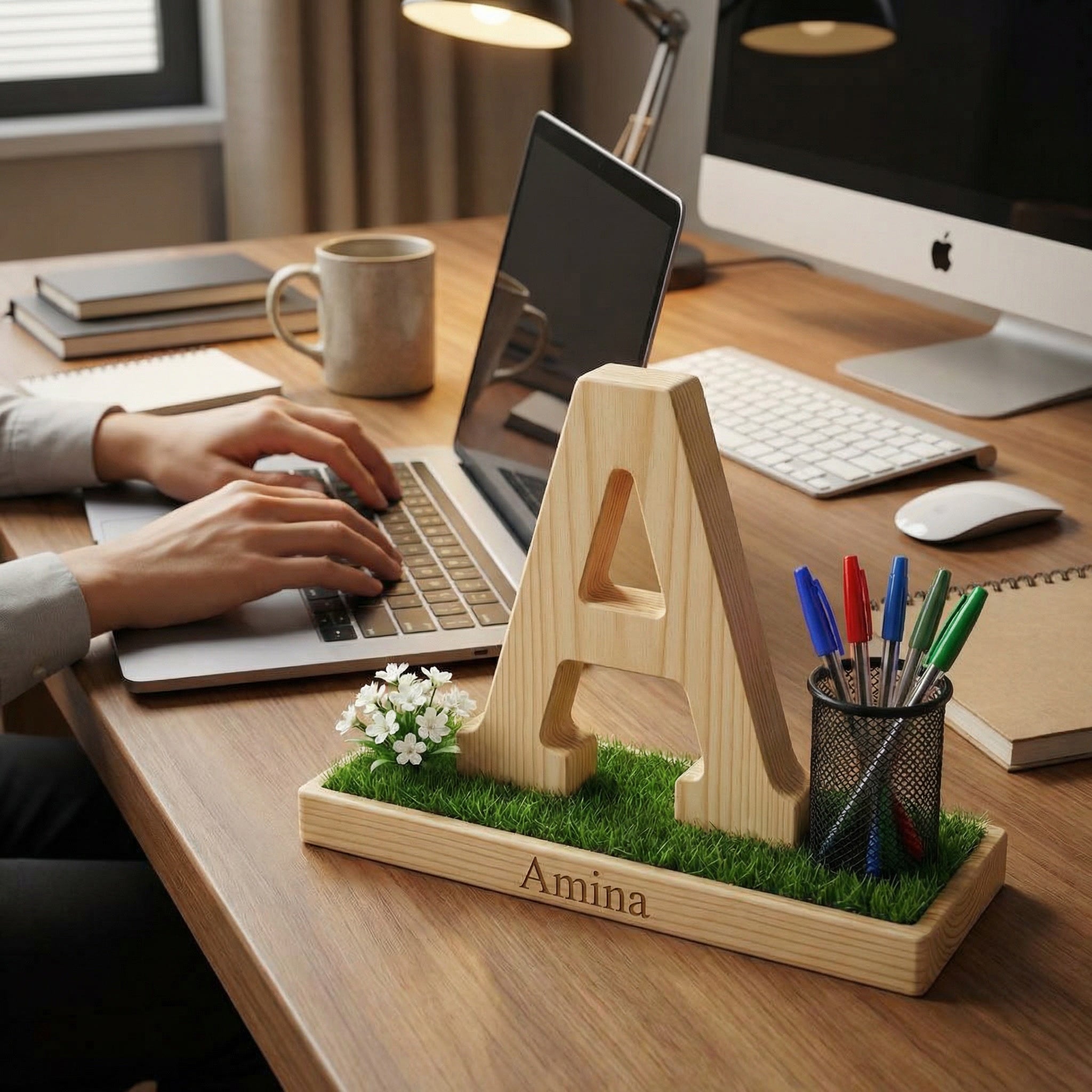 Personalized Wooden Capital Letter A Organizer with Miniature Garden - Custom Name Engraved Gift for Home Office, Study Desk, and Decor.