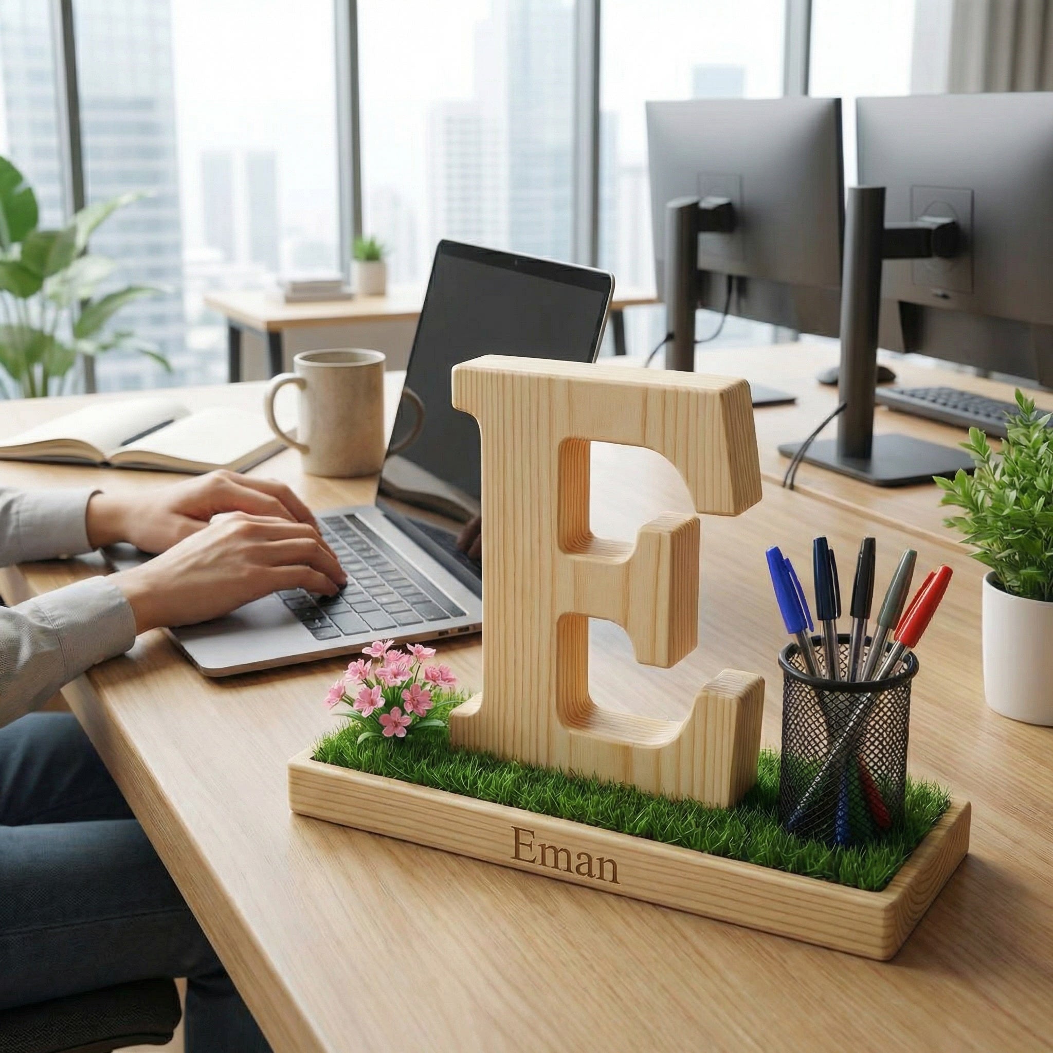 Personalized Wooden Capital Letter E Organizer with Miniature Garden - Custom Name Engraved Gift for Home Office, Study Desk, and Decor.