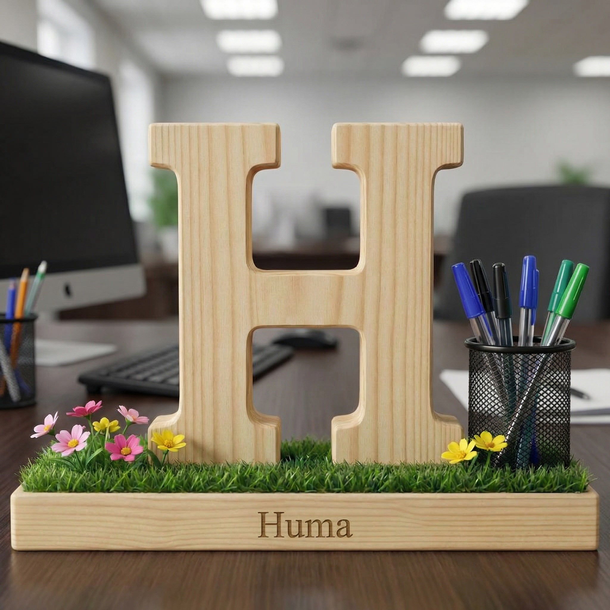Personalized Wooden Capital Letter H Organizer with Miniature Garden - Custom Name Engraved Gift for Home Office, Study Desk, and Decor.