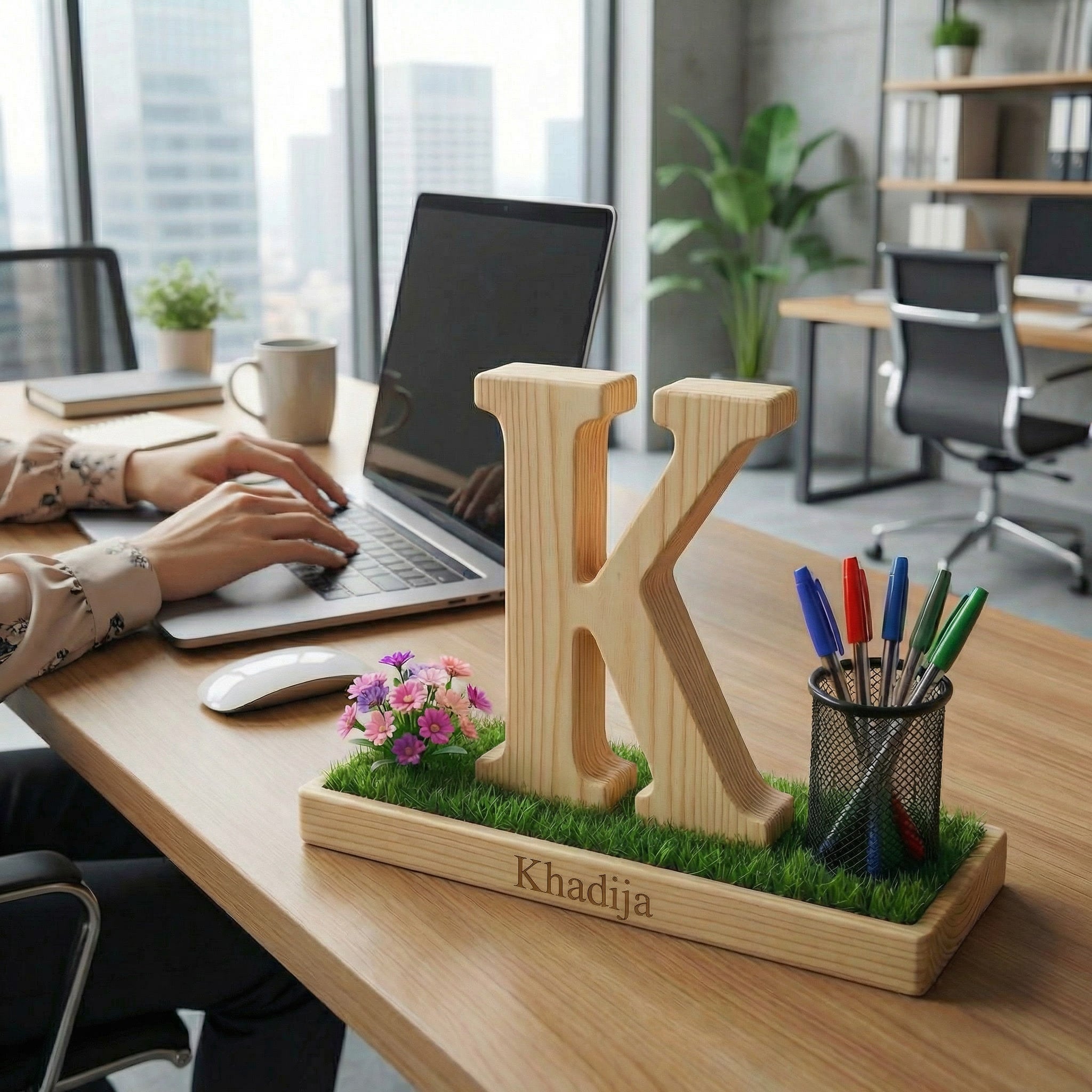 Personalized Wooden Capital Letter K Organizer with Miniature Garden - Custom Name Engraved Gift for Home Office, Study Desk, and Decor.