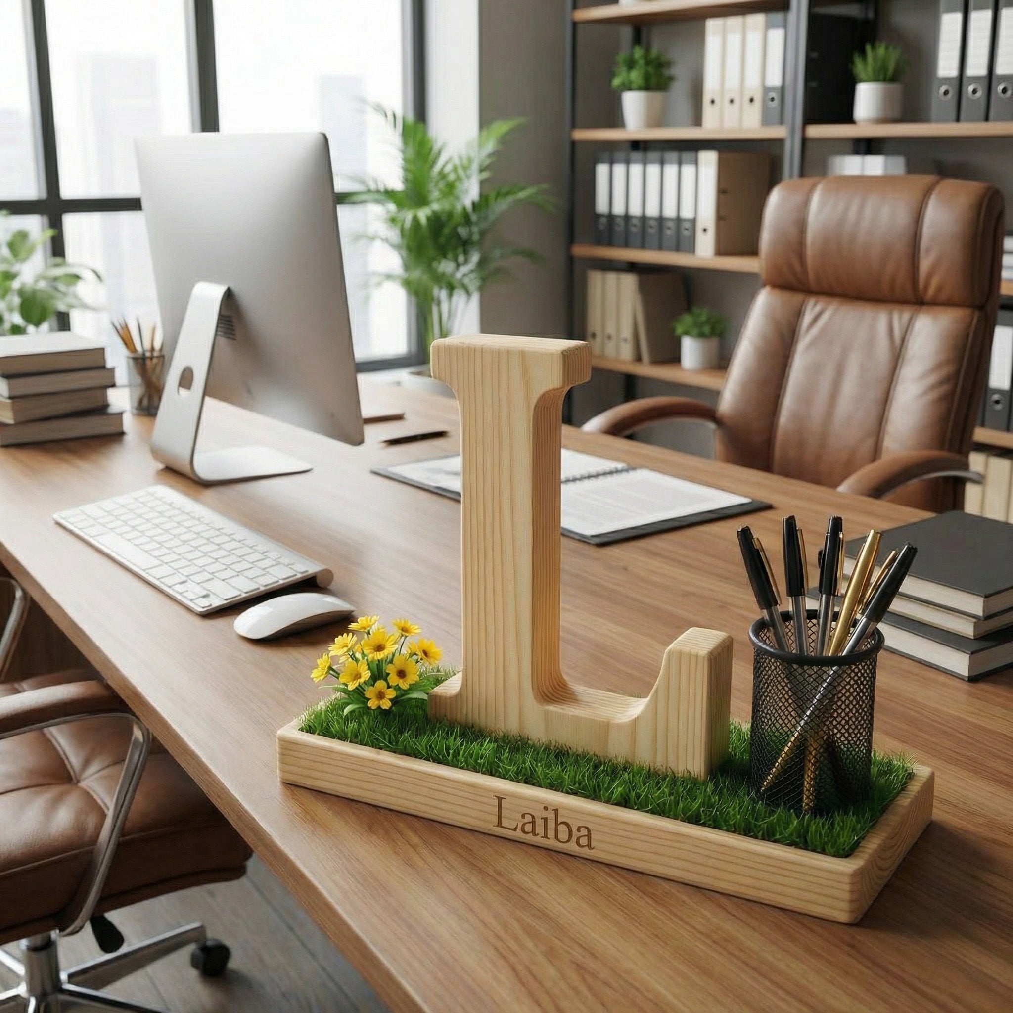 Personalized Wooden Capital Letter L Organizer with Miniature Garden - Custom Name Engraved Gift for Home Office, Study Desk, and Decor.