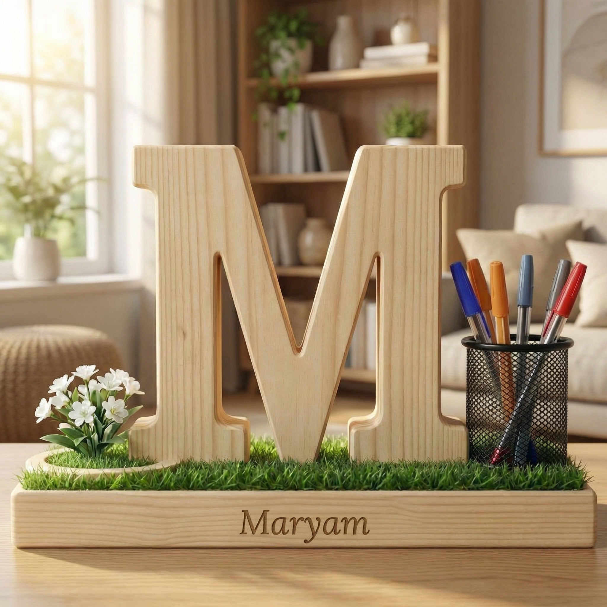 Personalized Wooden Capital Letter M Organizer with Miniature Garden - Custom Name Engraved Gift for Home Office, Study Desk, and Decor.