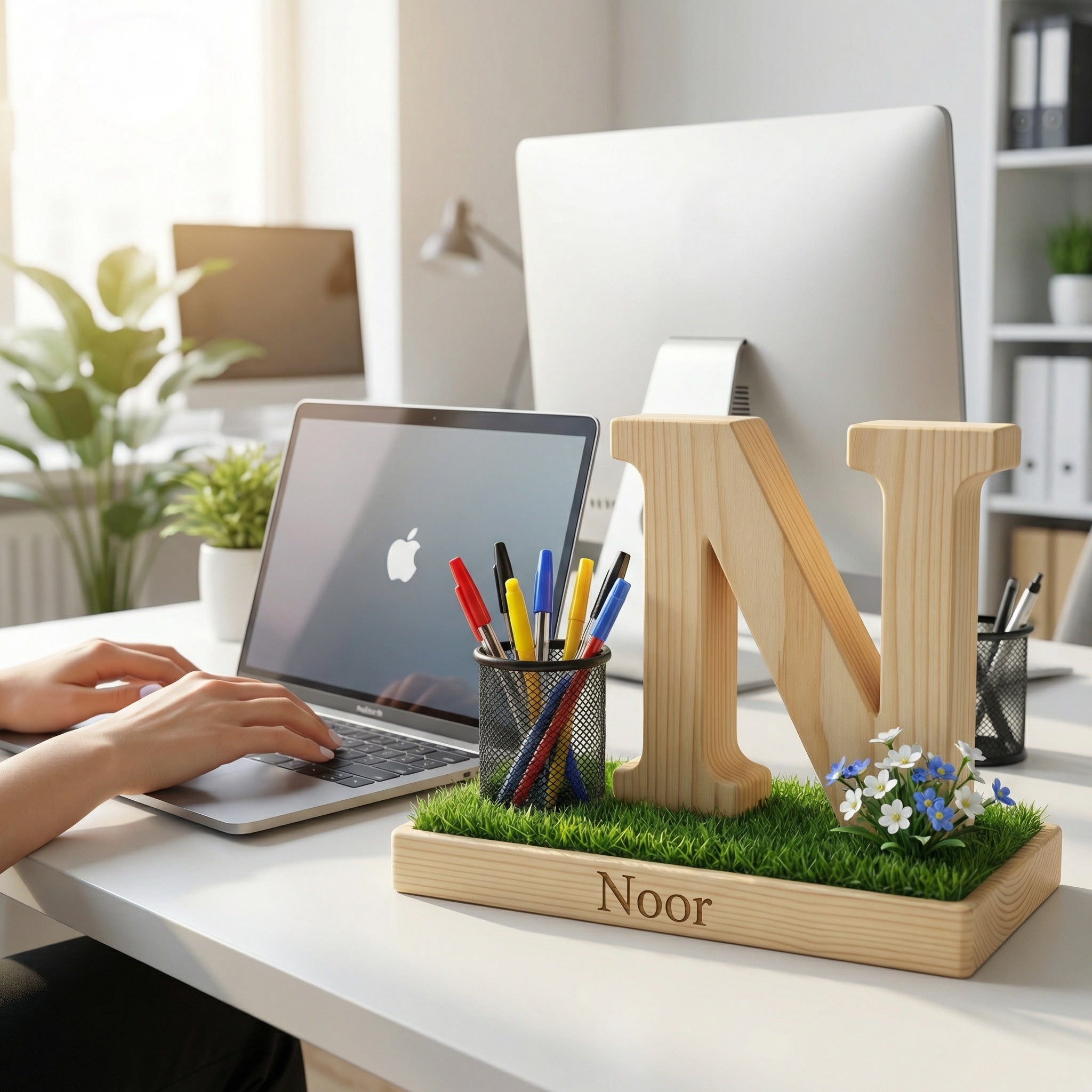 Personalized Wooden Capital Letter N Organizer with Miniature Garden - Custom Name Engraved Gift for Home Office, Study Desk, and Decor.