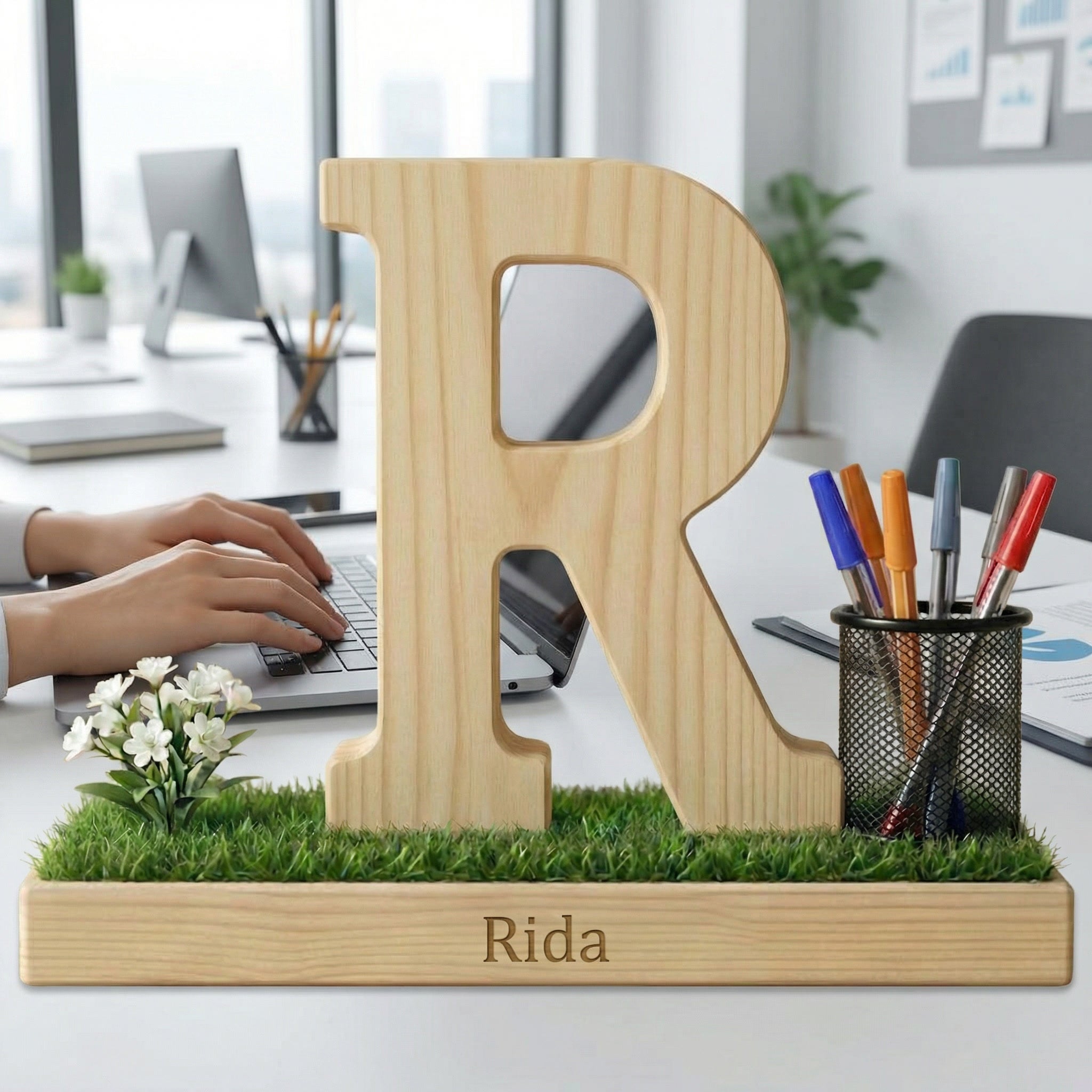 Personalized Wooden Capital Letter R Organizer with Miniature Garden - Custom Name Engraved Gift for Home Office, Study Desk, and Decor.