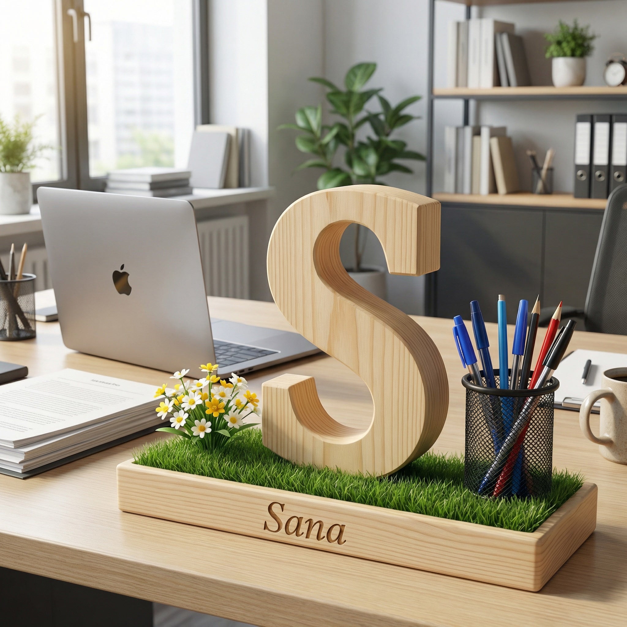 Personalized Wooden Capital Letter S Organizer with Miniature Garden - Custom Name Engraved Gift for Home Office, Study Desk, and Decor.