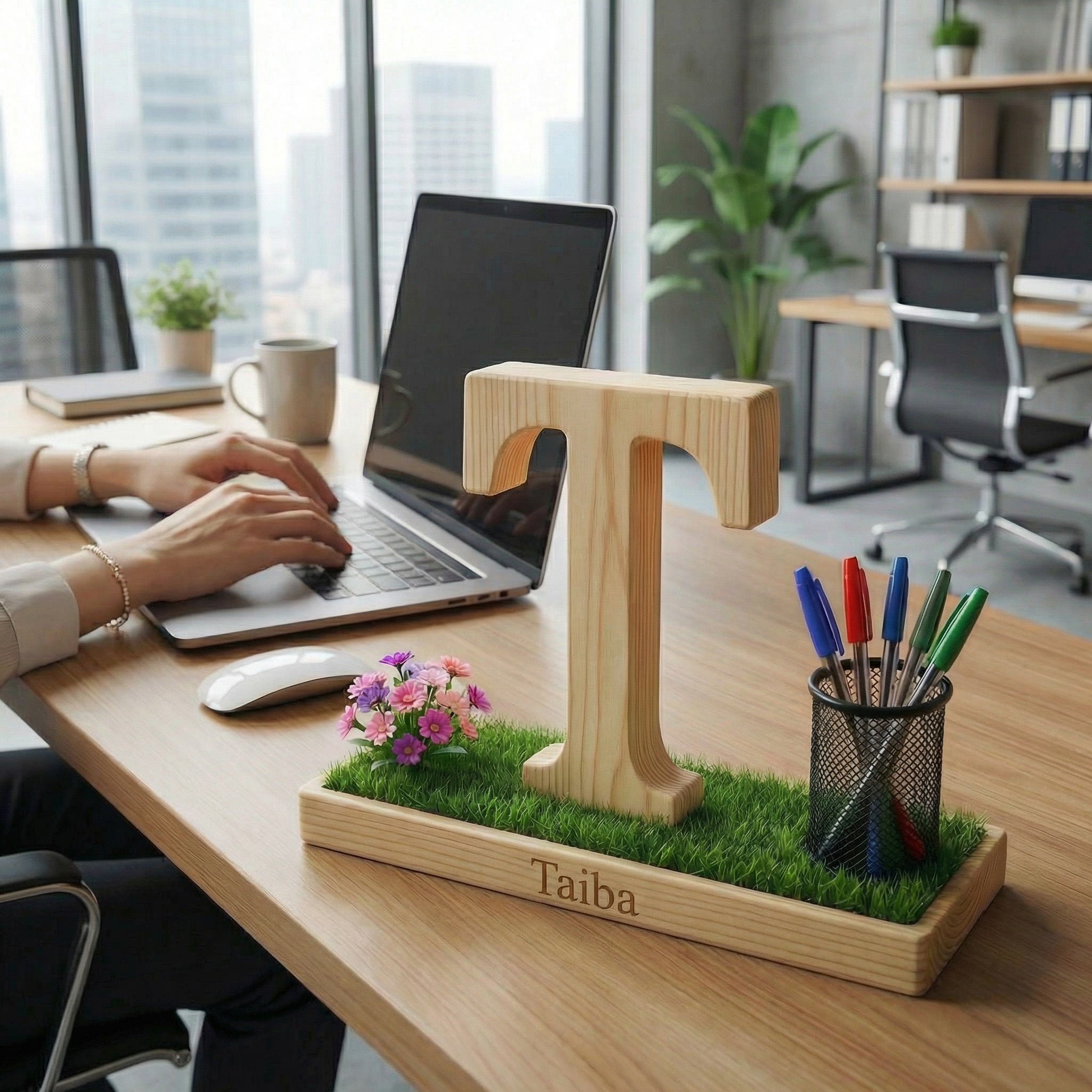 Personalized Wooden Capital Letter T Organizer with Miniature Garden - Custom Name Engraved Gift for Home Office, Study Desk, and Decor.