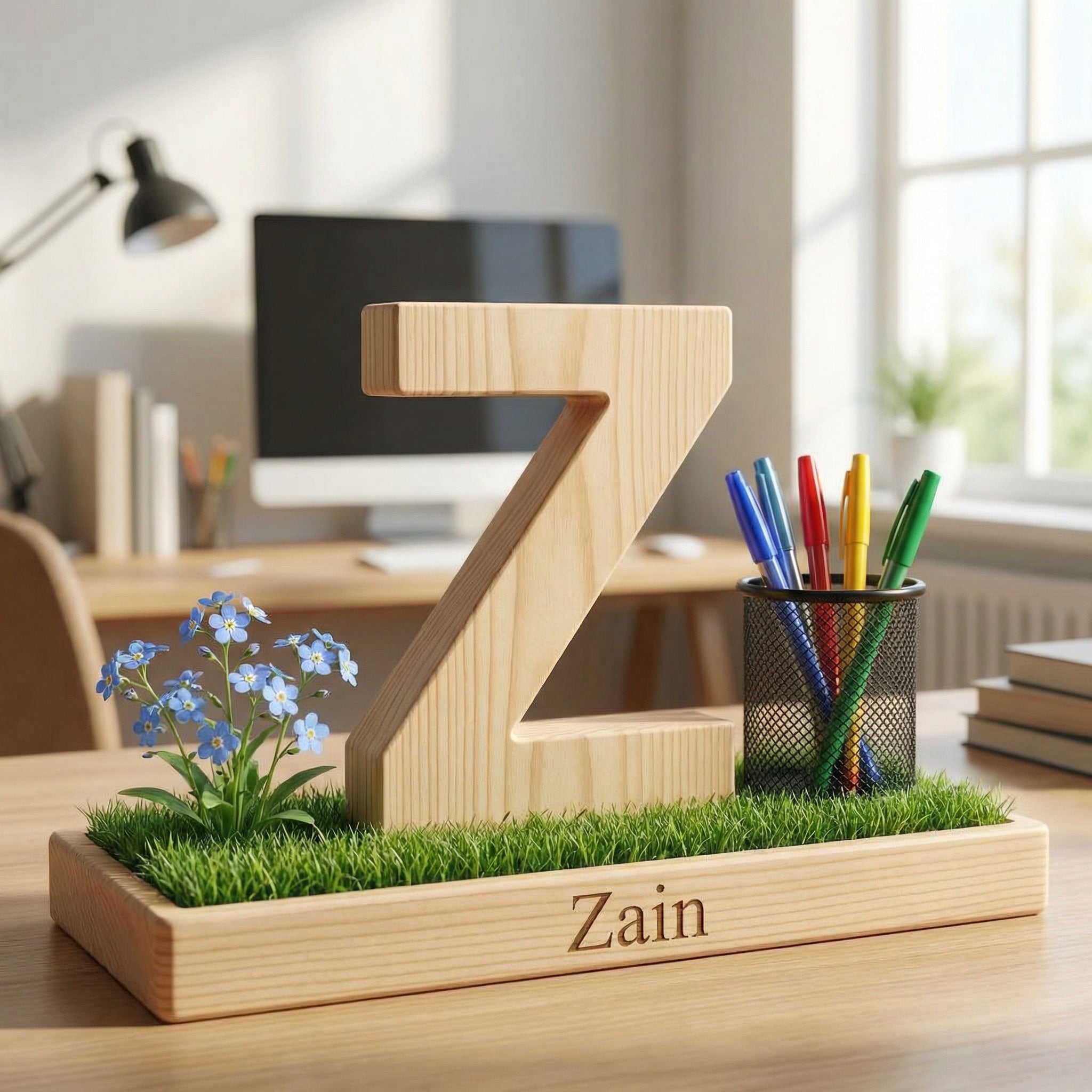 Personalized Wooden Capital Letter Z Organizer with Miniature Garden - Custom Name Engraved Gift for Home Office, Study Desk, and Decor.