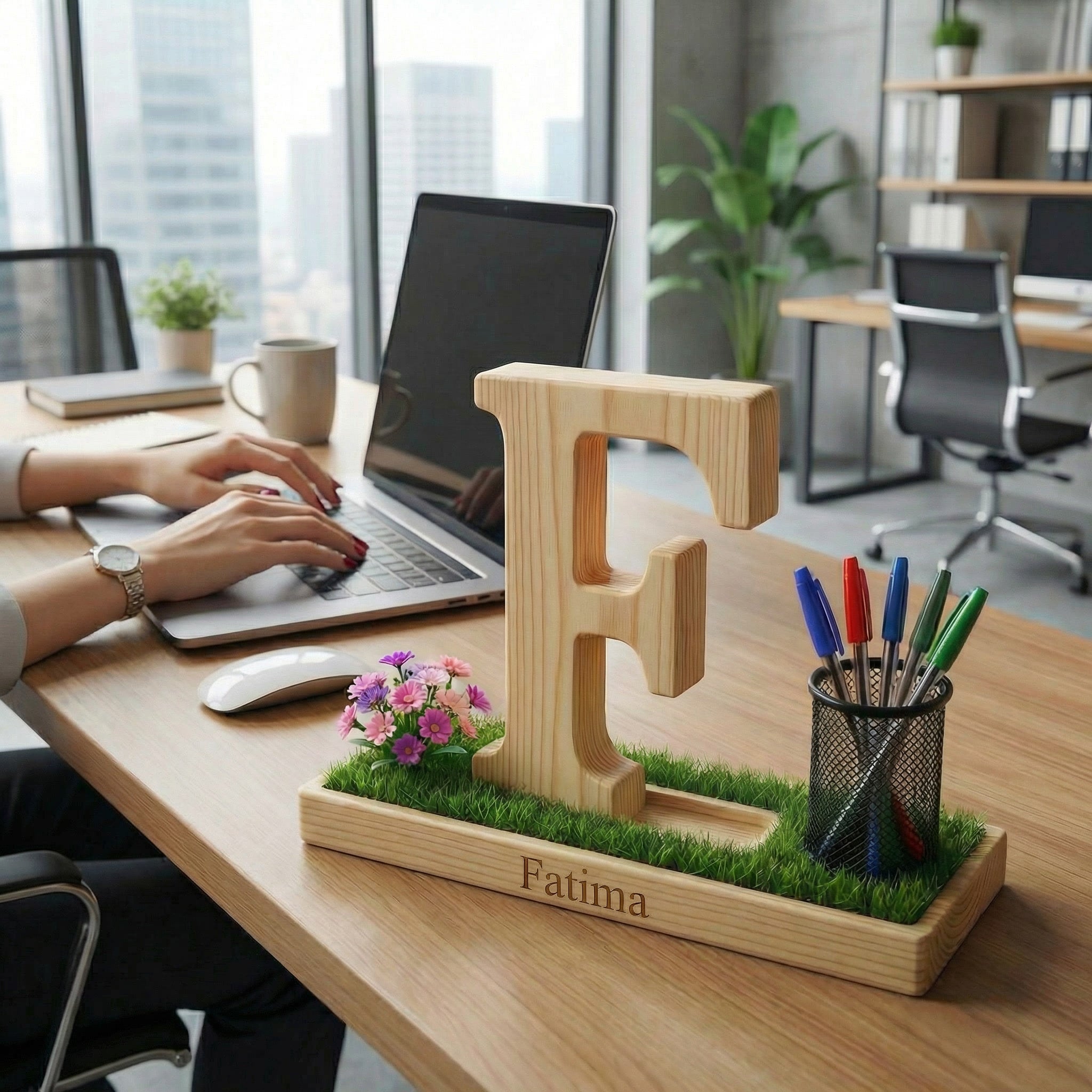 Personalized Wooden Capital Letter F Organizer with Miniature Garden - Custom Name Engraved Gift for Home Office, Study Desk, and Decor.