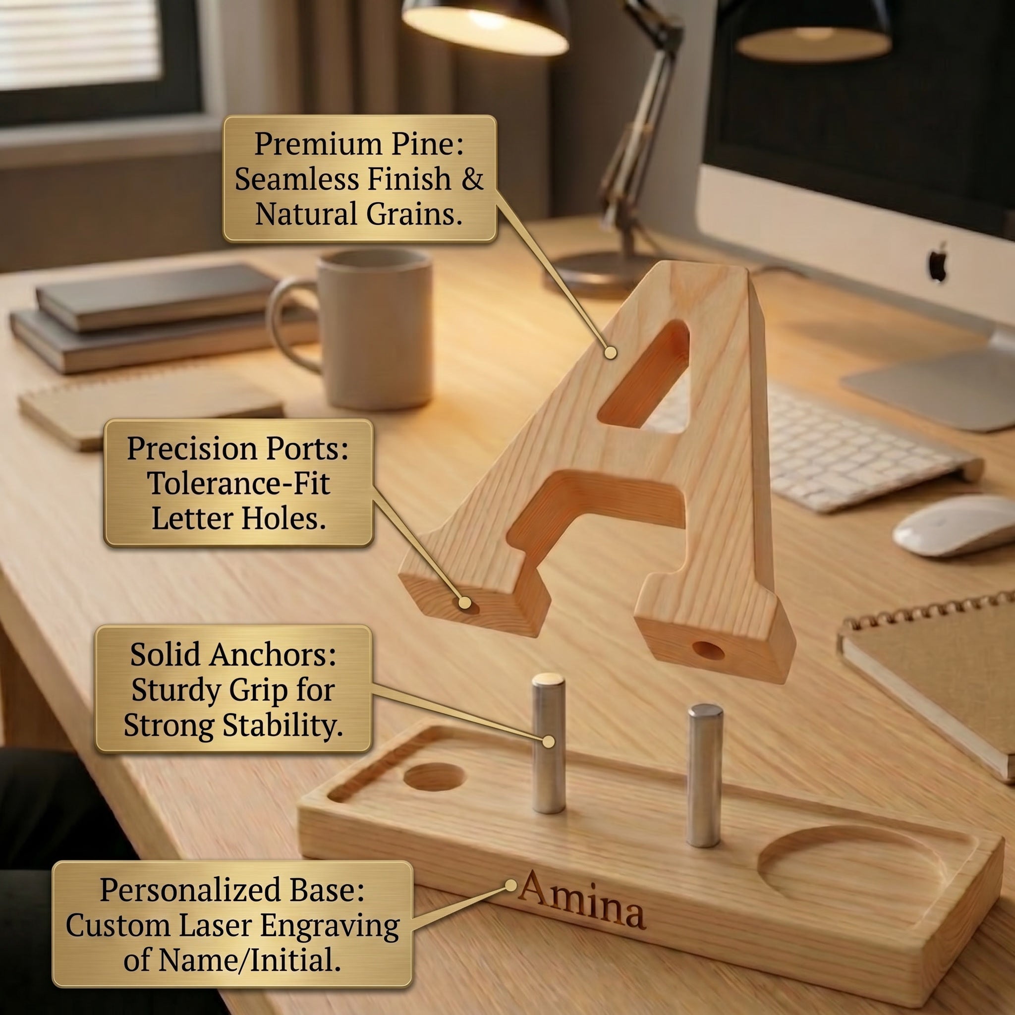 Personalized Wooden Capital Letter A Organizer with Miniature Garden - Custom Name Engraved Gift for Home Office, Study Desk, and Decor.