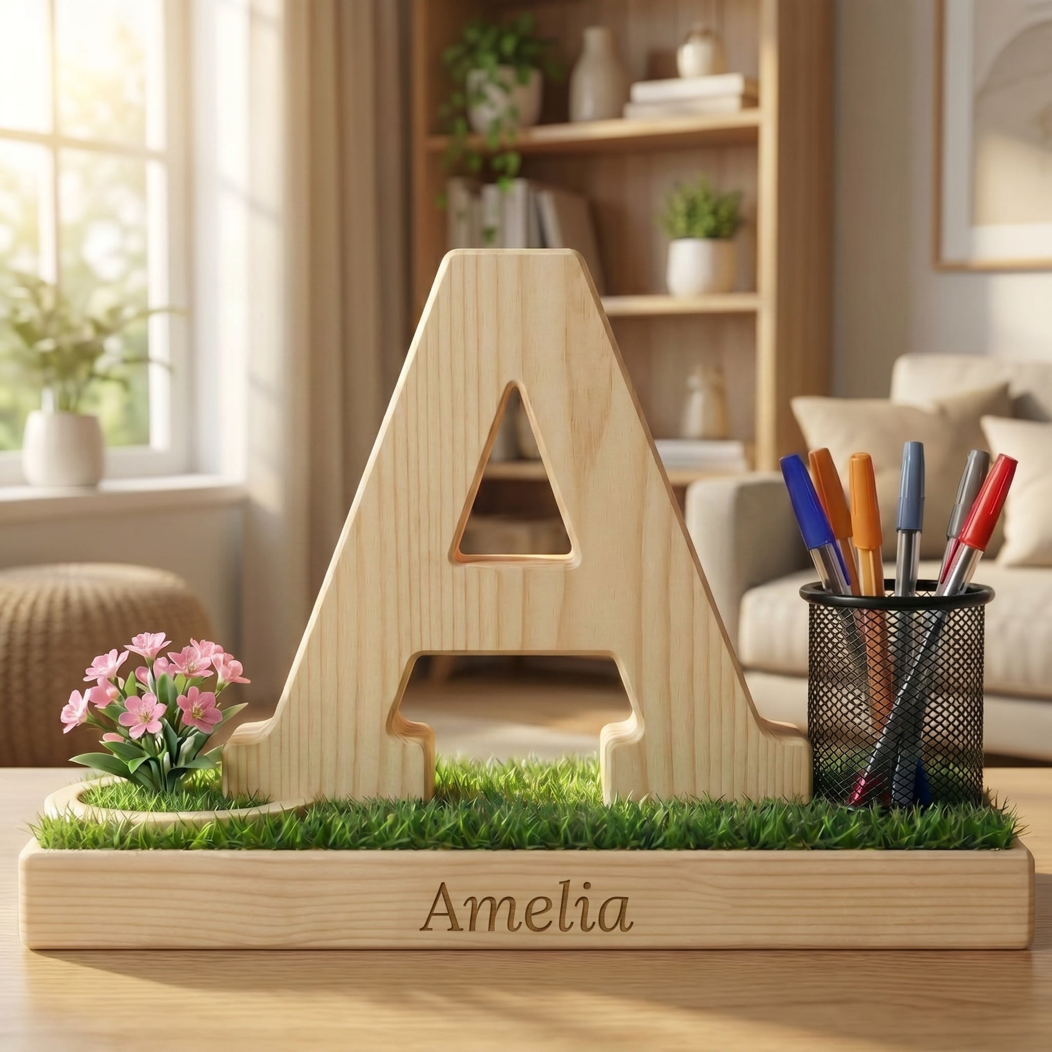 Personalized Wooden Capital Letter A Organizer with Miniature Garden - Custom Name Engraved Gift for Home Office, Study Desk, and Decor.