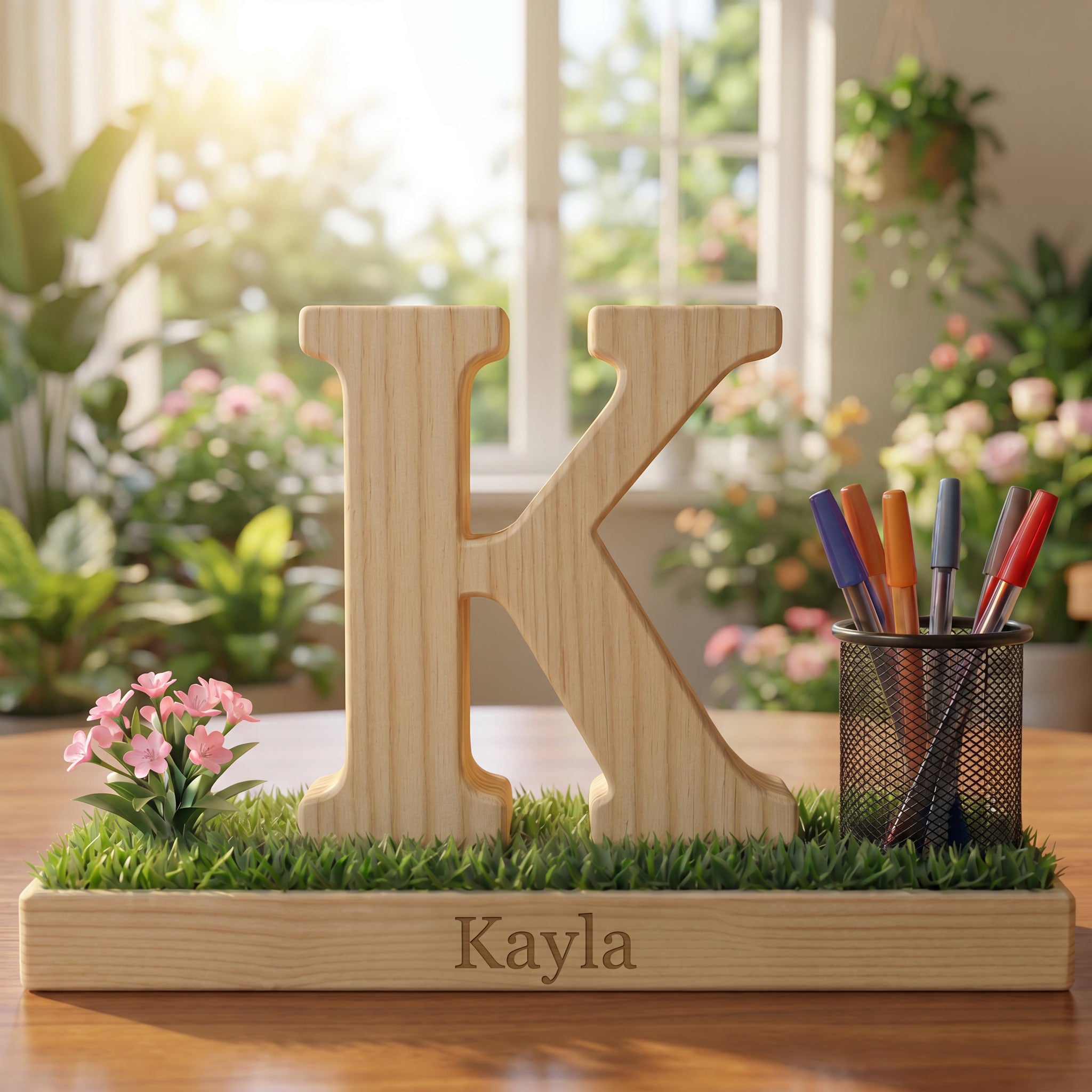 Personalized Wooden Capital Letter K Organizer with Miniature Garden - Custom Name Engraved Gift for Home Office, Study Desk, and Decor.