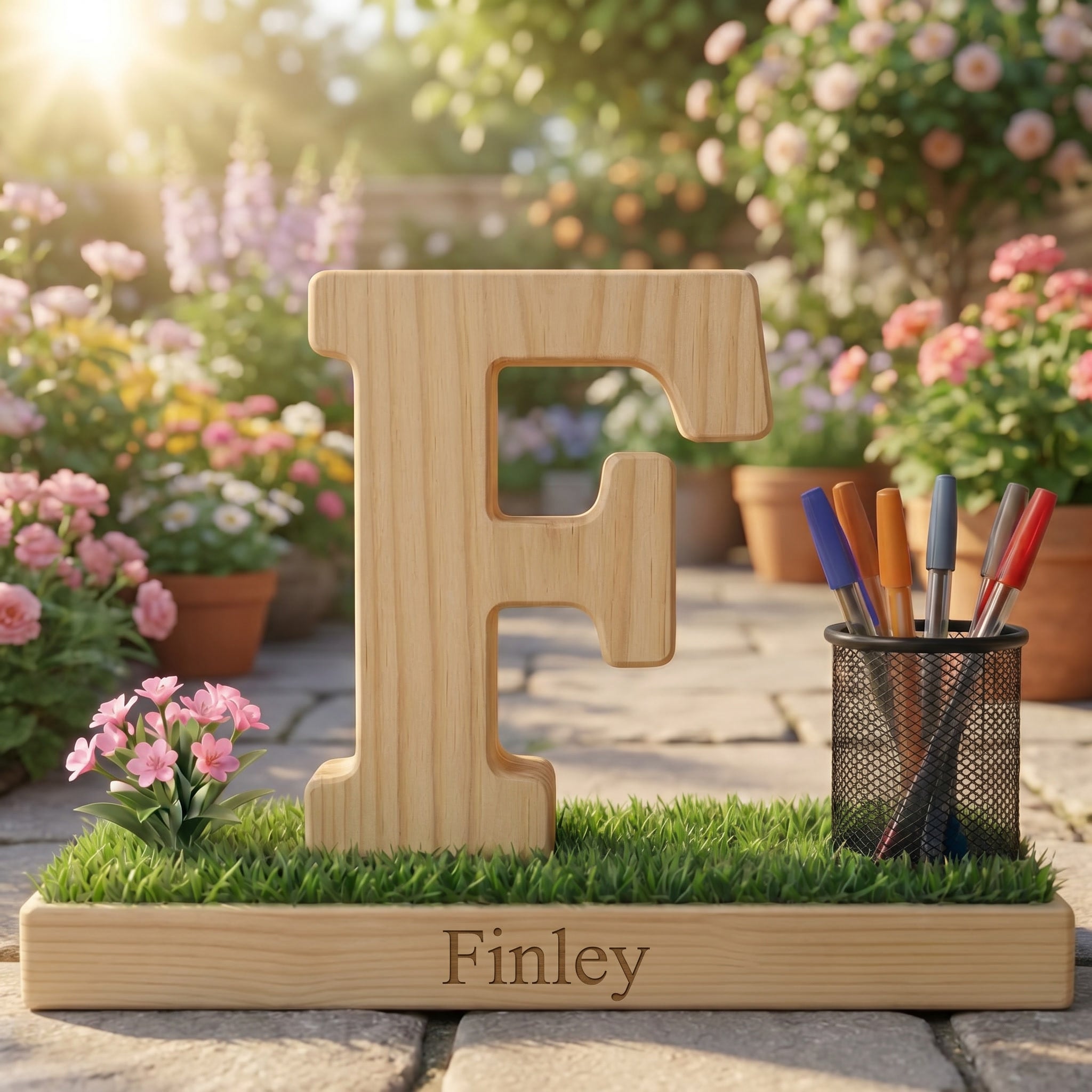 Personalized Wooden Capital Letter F Organizer with Miniature Garden - Custom Name Engraved Gift for Home Office, Study Desk, and Decor.