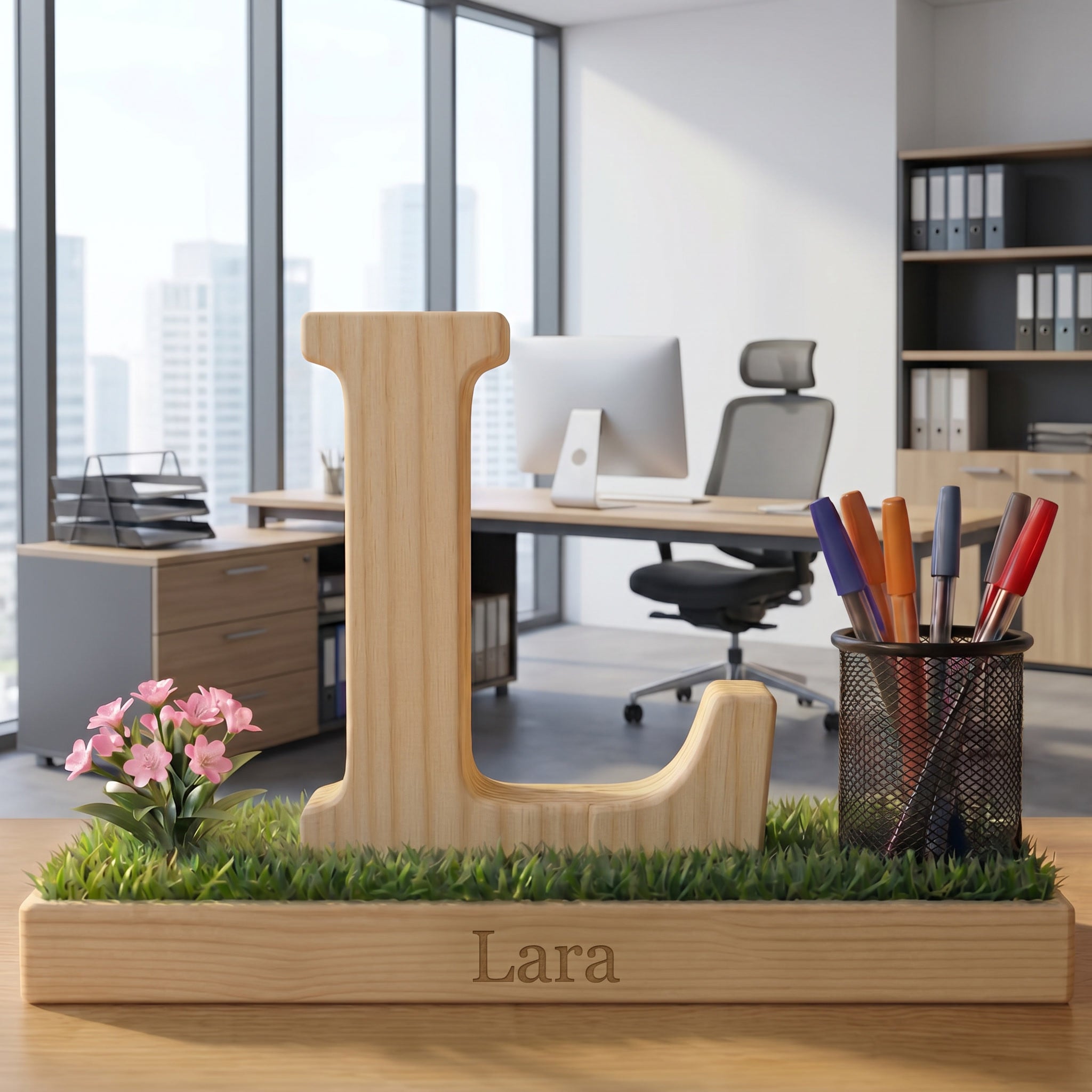 Personalized Wooden Capital Letter L Organizer with Miniature Garden - Custom Name Engraved Gift for Home Office, Study Desk, and Decor.