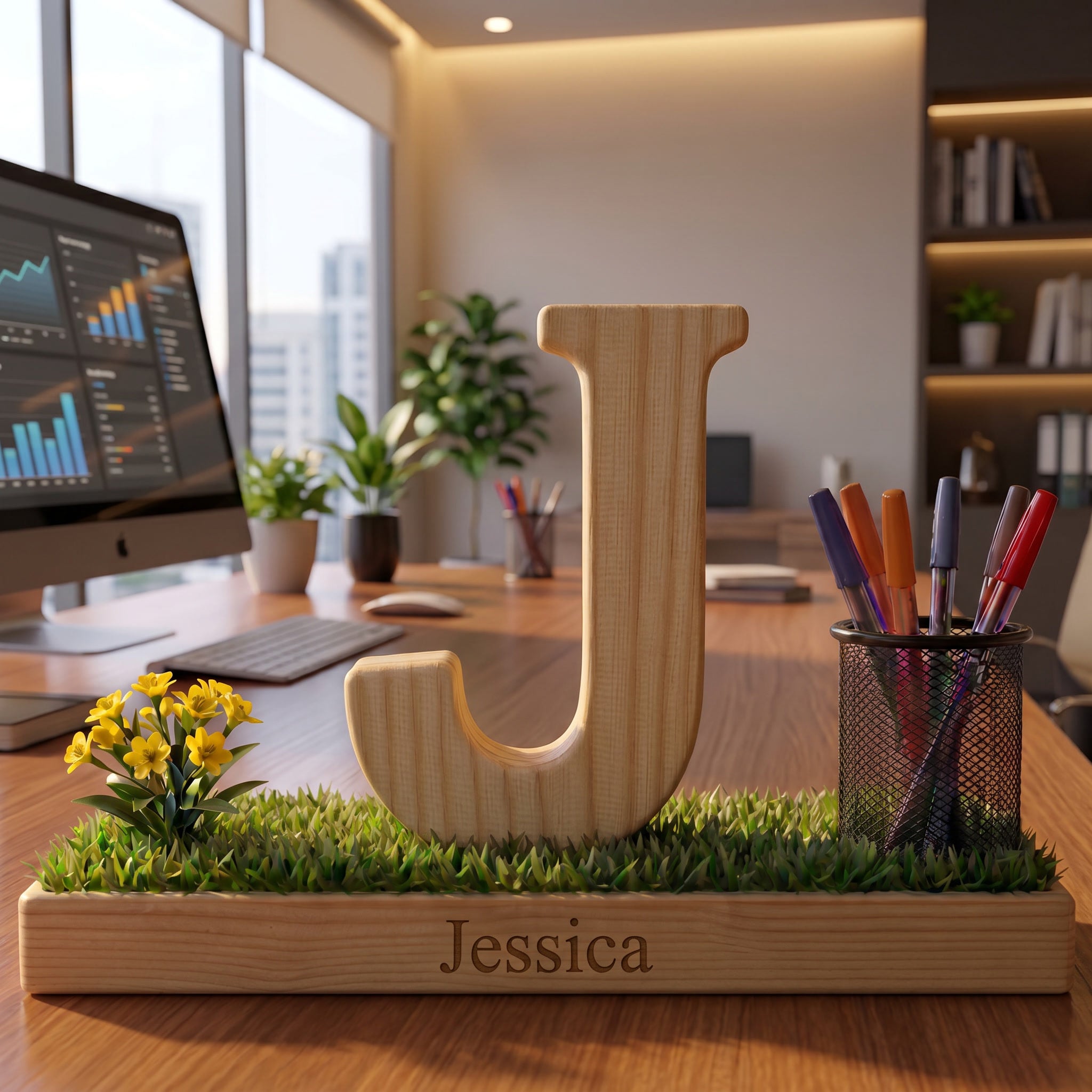 Personalized Wooden Capital Letter J Organizer with Miniature Garden - Custom Name Engraved Gift for Home Office, Study Desk, and Decor.