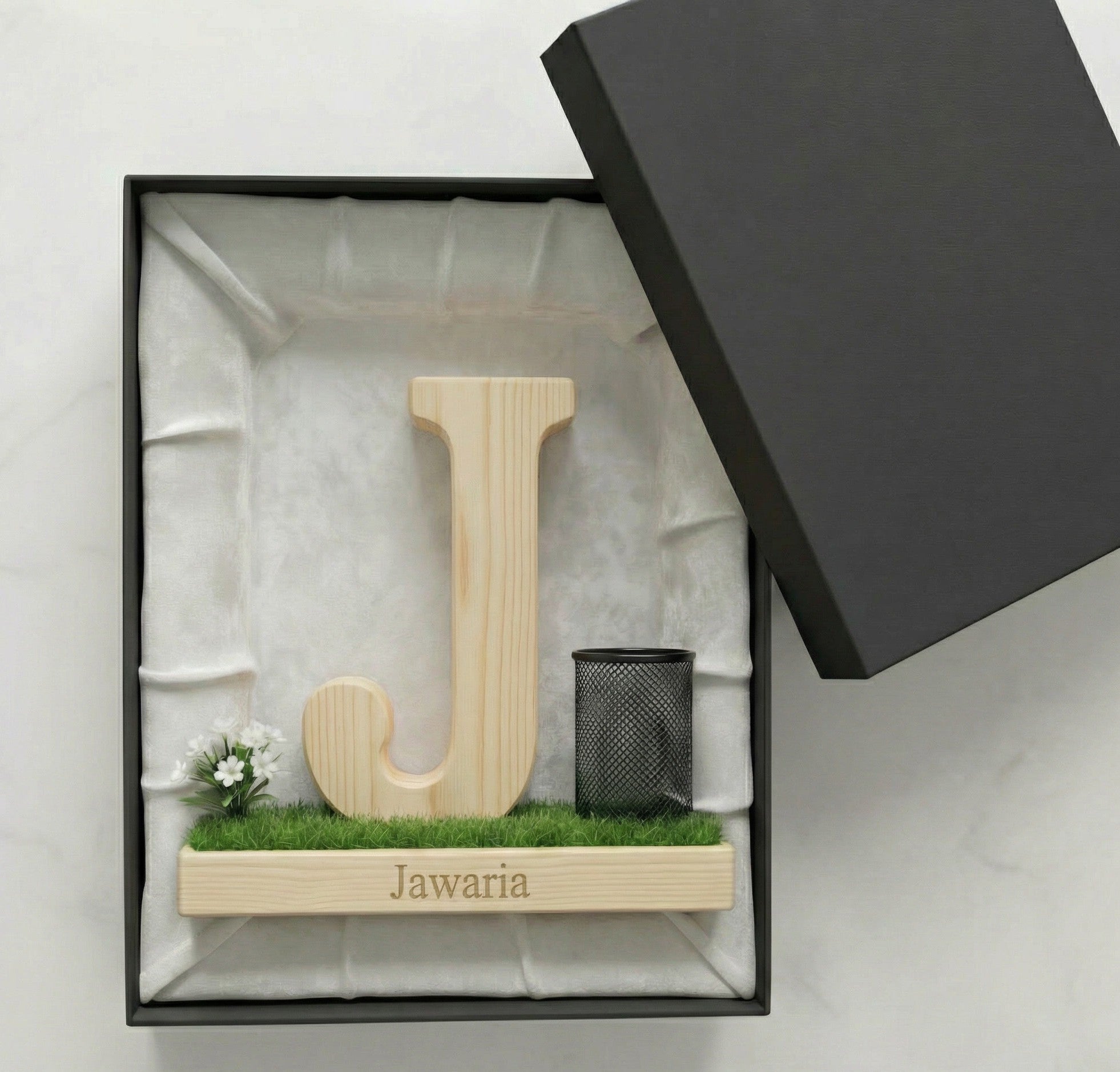 Personalized Wooden Capital Letter J Organizer with Miniature Garden - Custom Name Engraved Gift for Home Office, Study Desk, and Decor.