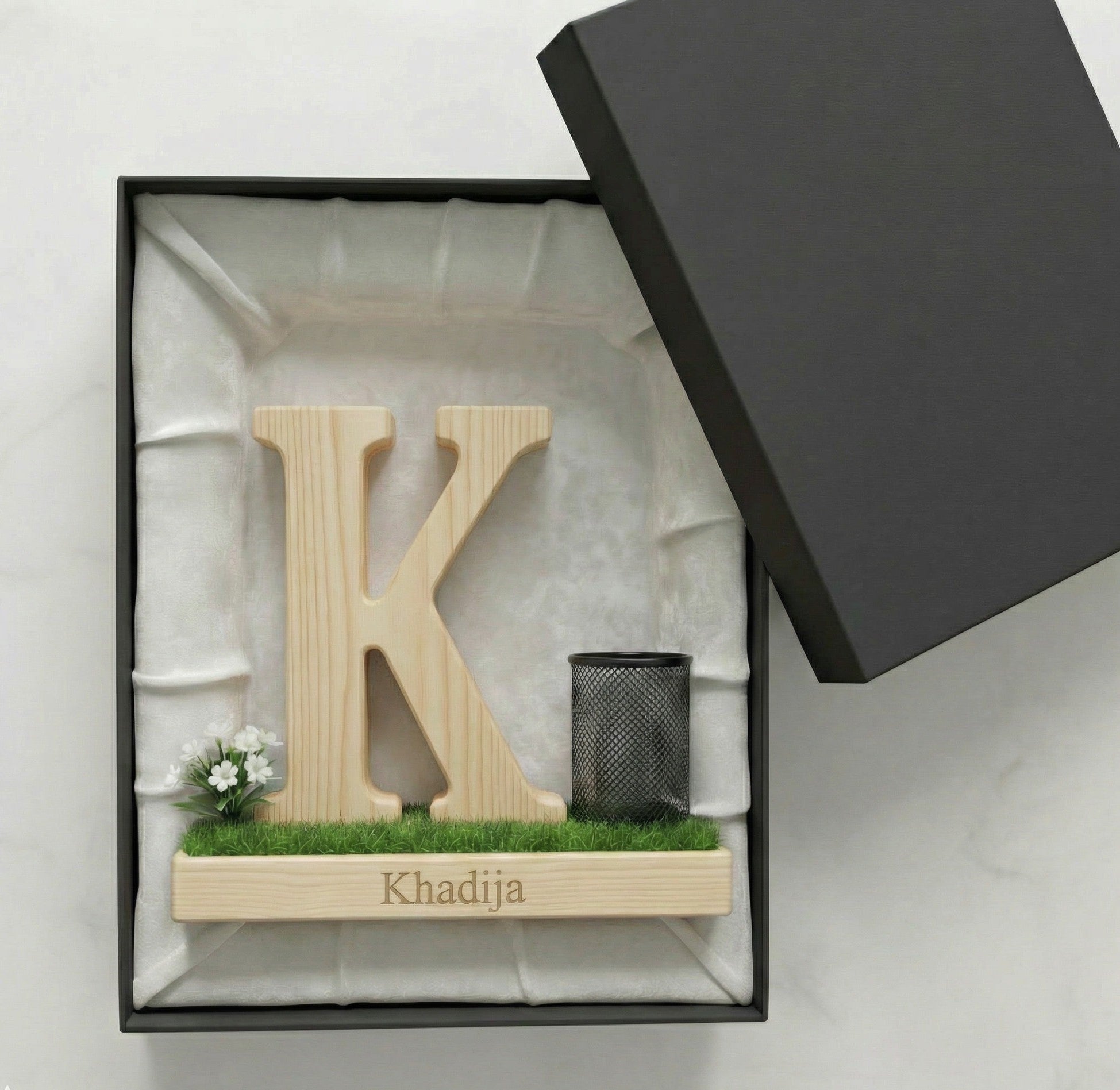Personalized Wooden Capital Letter K Organizer with Miniature Garden - Custom Name Engraved Gift for Home Office, Study Desk, and Decor.