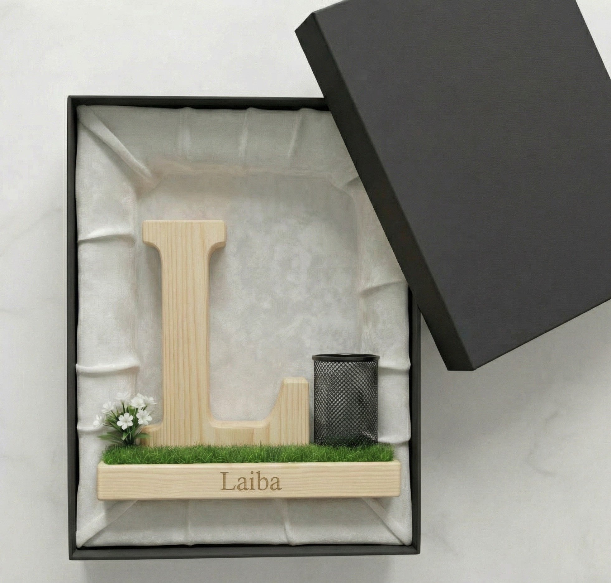 Personalized Wooden Capital Letter L Organizer with Miniature Garden - Custom Name Engraved Gift for Home Office, Study Desk, and Decor.