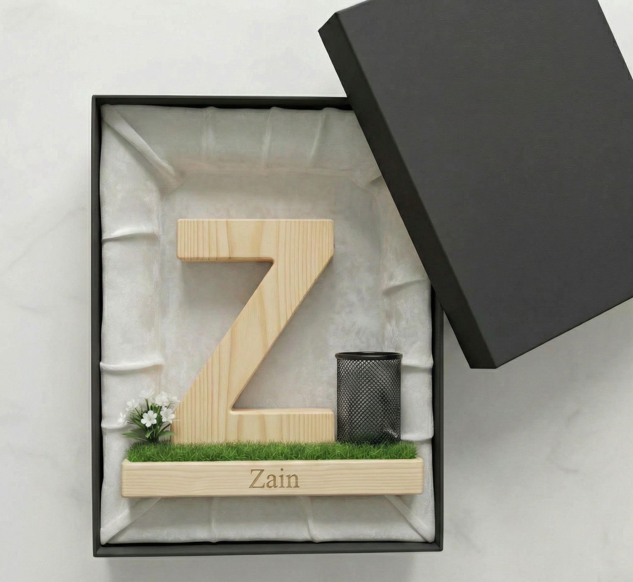 Personalized Wooden Capital Letter Z Organizer with Miniature Garden - Custom Name Engraved Gift for Home Office, Study Desk, and Decor.