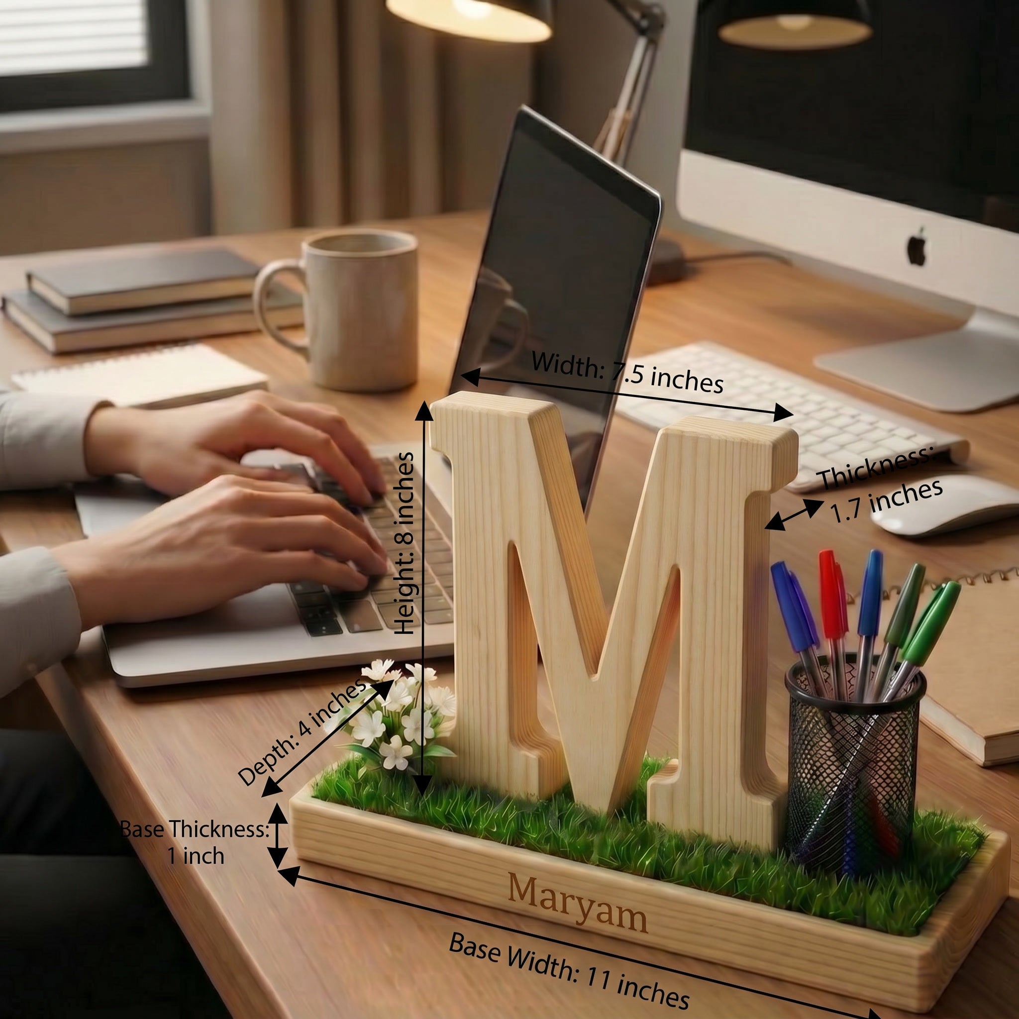 Personalized Wooden Capital Letter M Organizer with Miniature Garden - Custom Name Engraved Gift for Home Office, Study Desk, and Decor.