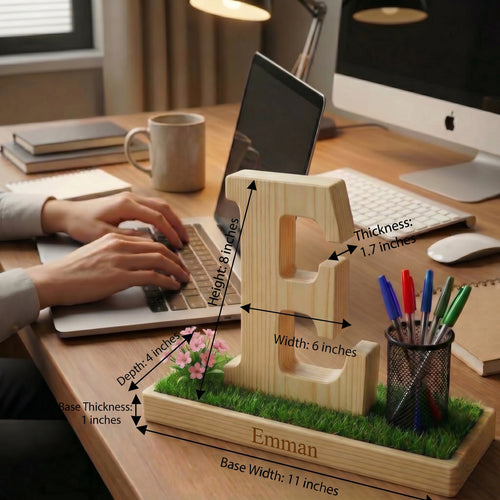 Personalized Wooden Capital Letter E Organizer with Miniature Garden - Custom Name Engraved Gift for Home Office, Study Desk, and Decor.