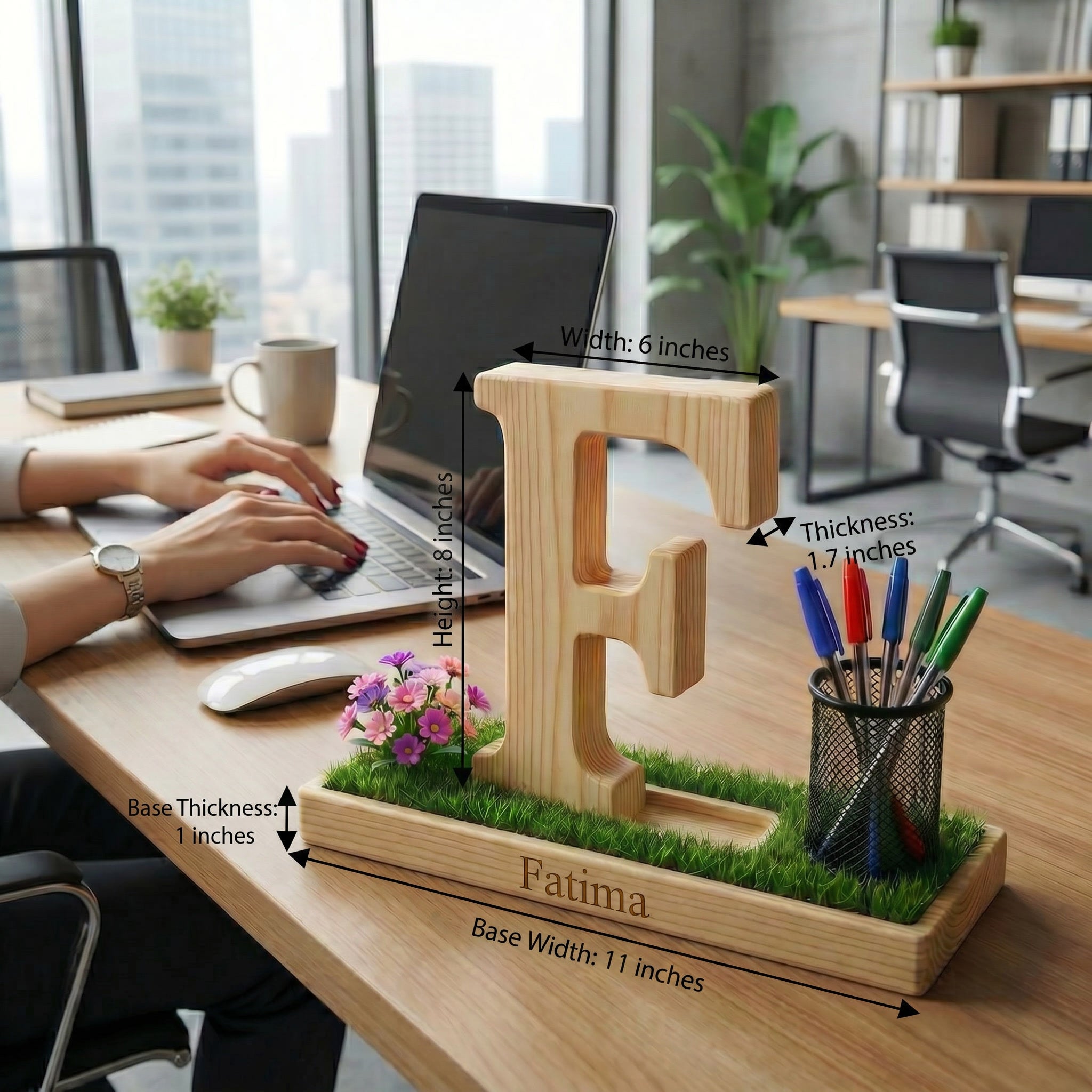 Personalized Wooden Capital Letter F Organizer with Miniature Garden - Custom Name Engraved Gift for Home Office, Study Desk, and Decor.