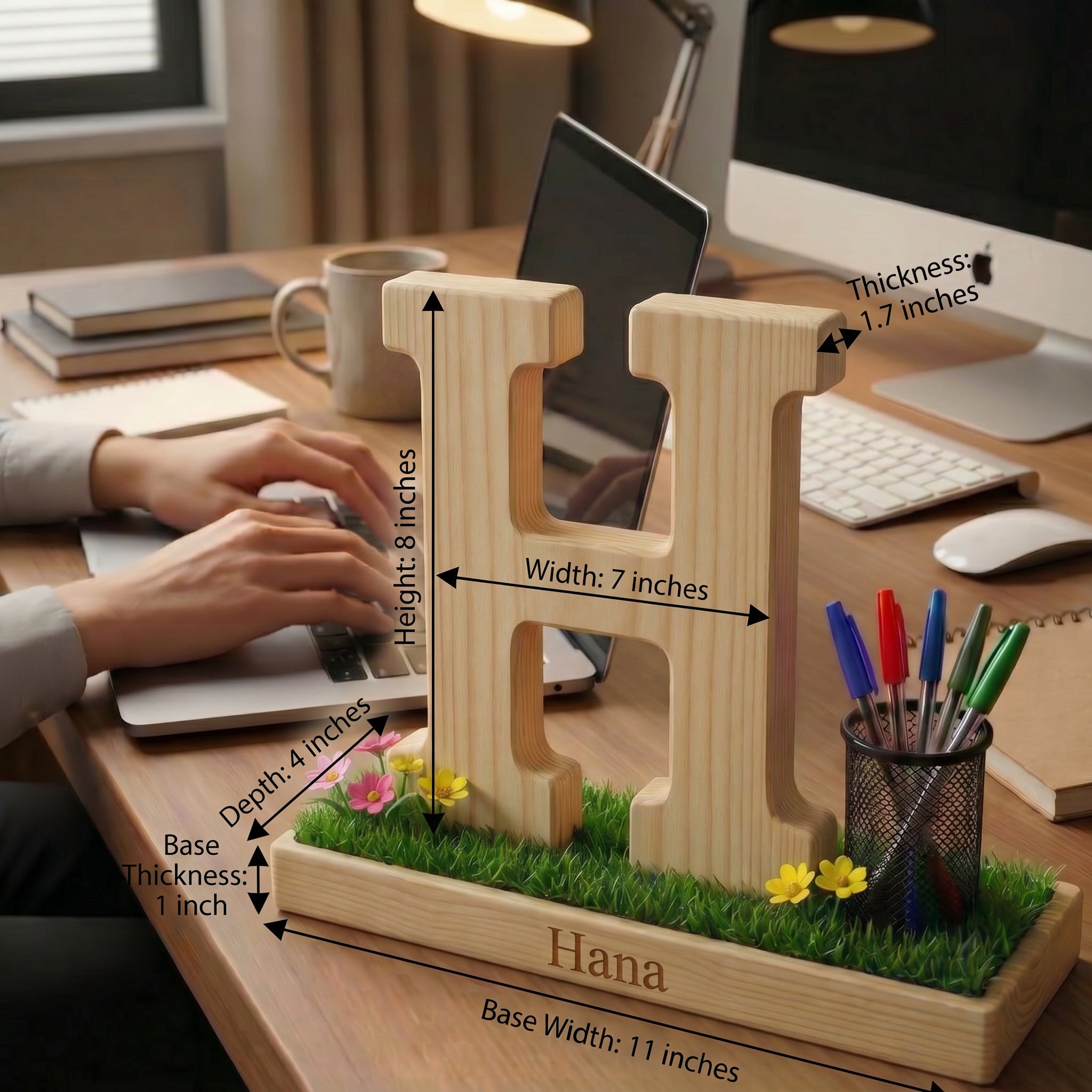 Personalized Wooden Capital Letter H Organizer with Miniature Garden - Custom Name Engraved Gift for Home Office, Study Desk, and Decor.
