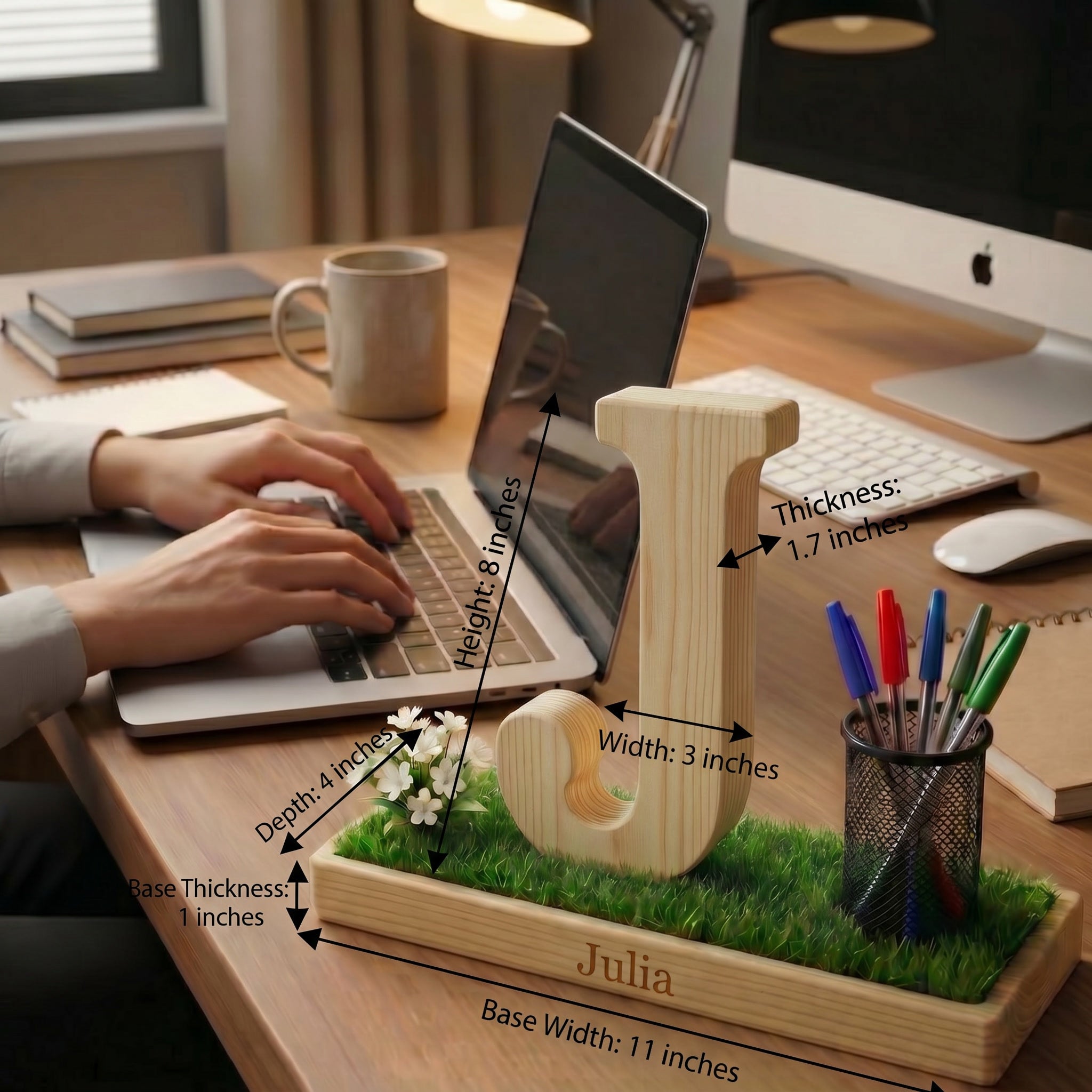 Personalized Wooden Capital Letter J Organizer with Miniature Garden - Custom Name Engraved Gift for Home Office, Study Desk, and Decor.