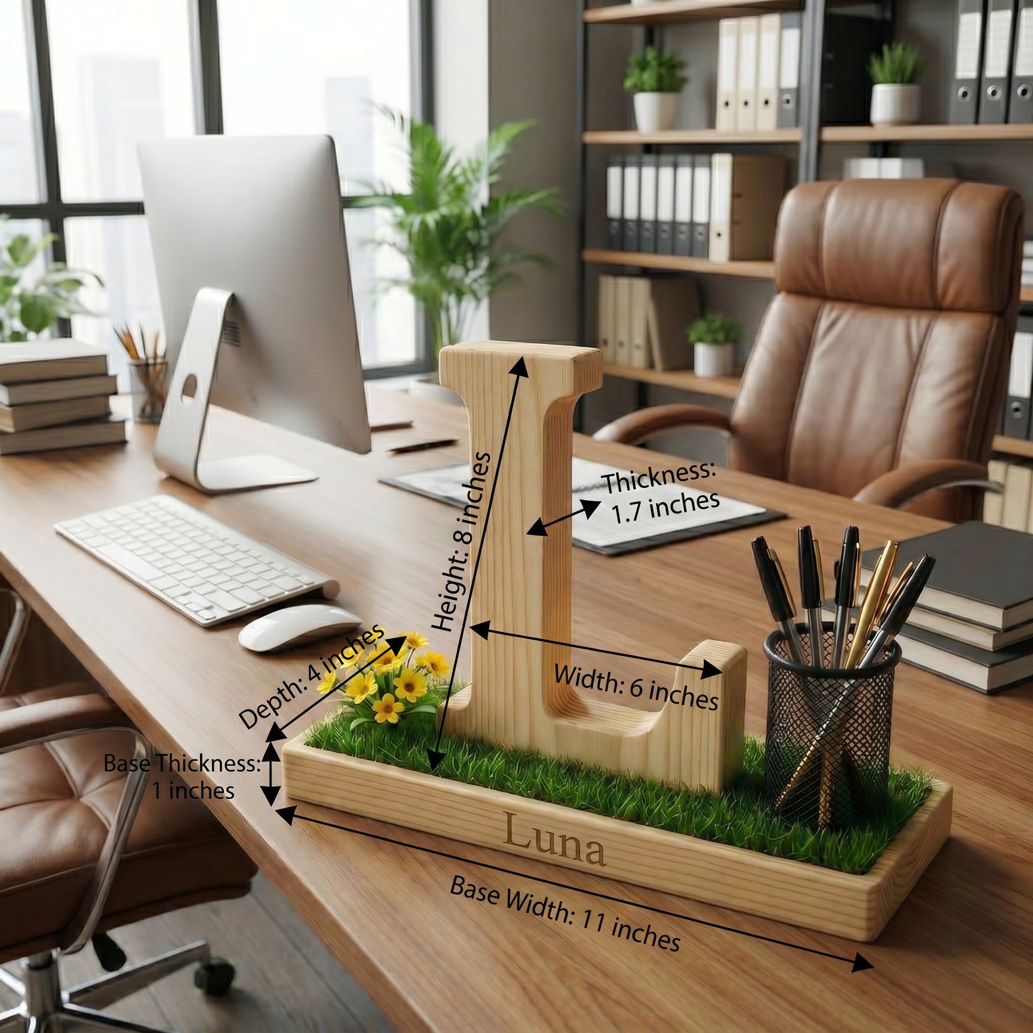 Personalized Wooden Capital Letter L Organizer with Miniature Garden - Custom Name Engraved Gift for Home Office, Study Desk, and Decor.