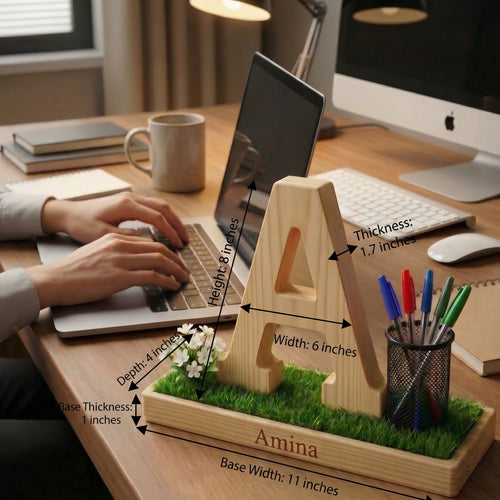 Personalized Wooden Capital Letter A Organizer with Miniature Garden - Custom Name Engraved Gift for Home Office, Study Desk, and Decor.