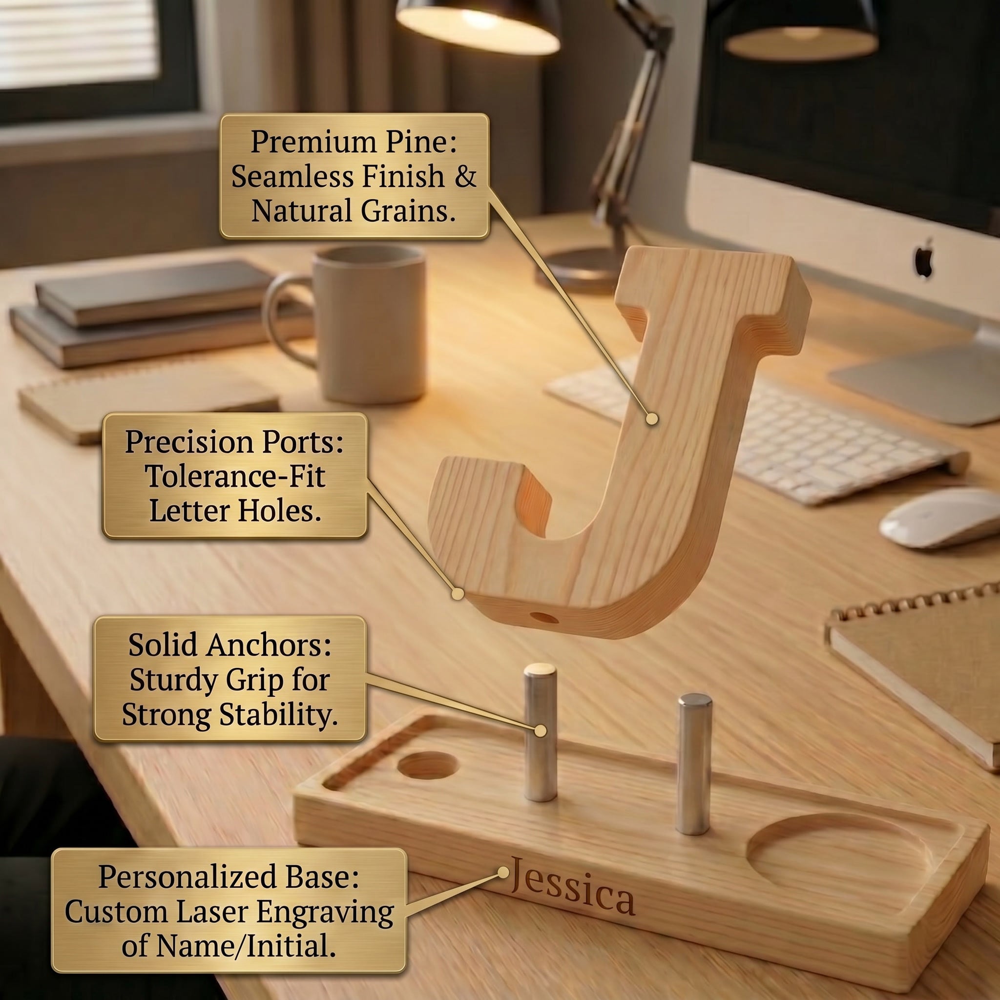 Personalized Wooden Capital Letter J Organizer with Miniature Garden - Custom Name Engraved Gift for Home Office, Study Desk, and Decor.
