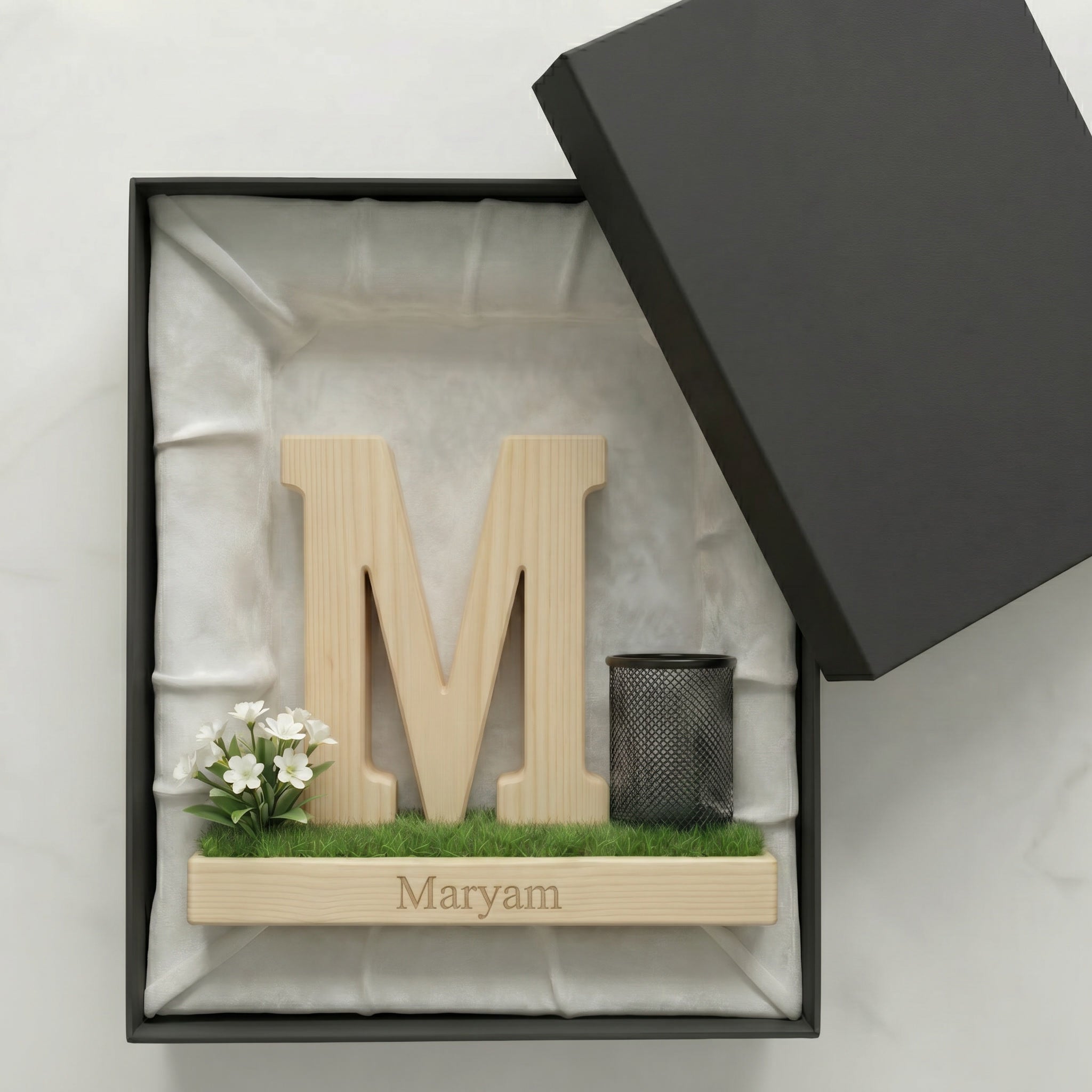 Personalized Wooden Capital Letter M Organizer with Miniature Garden - Custom Name Engraved Gift for Home Office, Study Desk, and Decor.