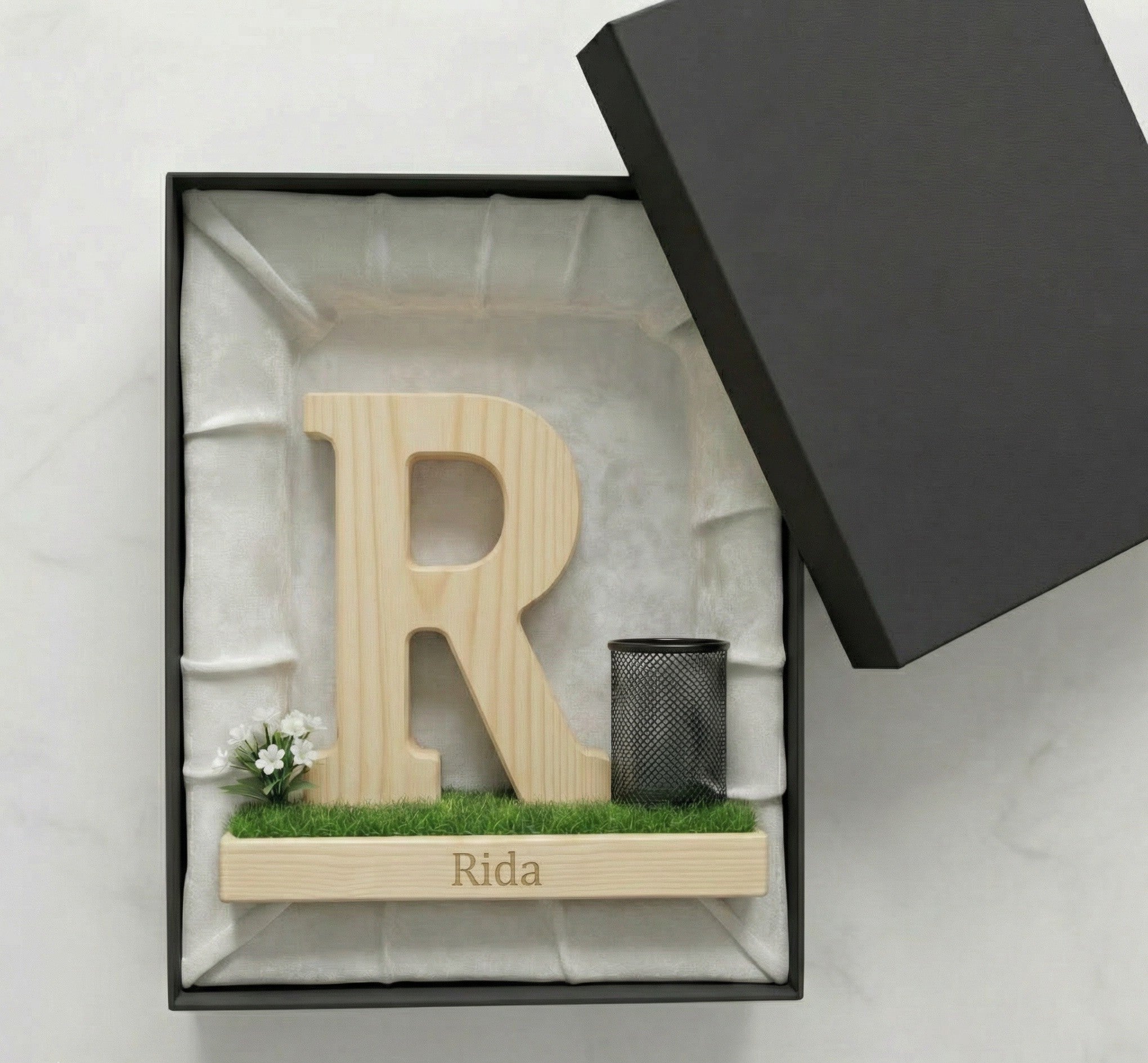Personalized Wooden Capital Letter R Organizer with Miniature Garden - Custom Name Engraved Gift for Home Office, Study Desk, and Decor.