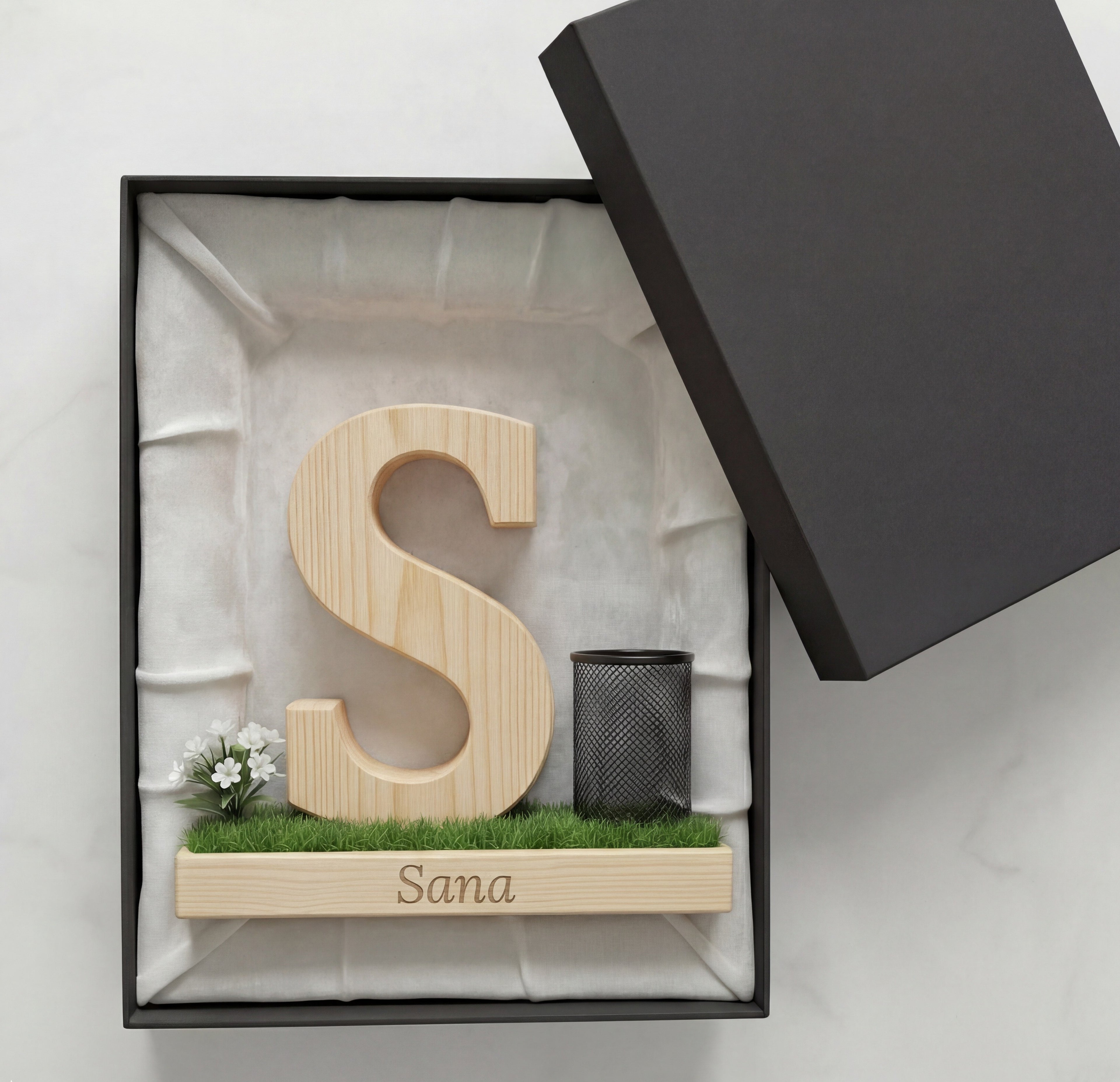 Personalized Wooden Capital Letter S Organizer with Miniature Garden - Custom Name Engraved Gift for Home Office, Study Desk, and Decor.