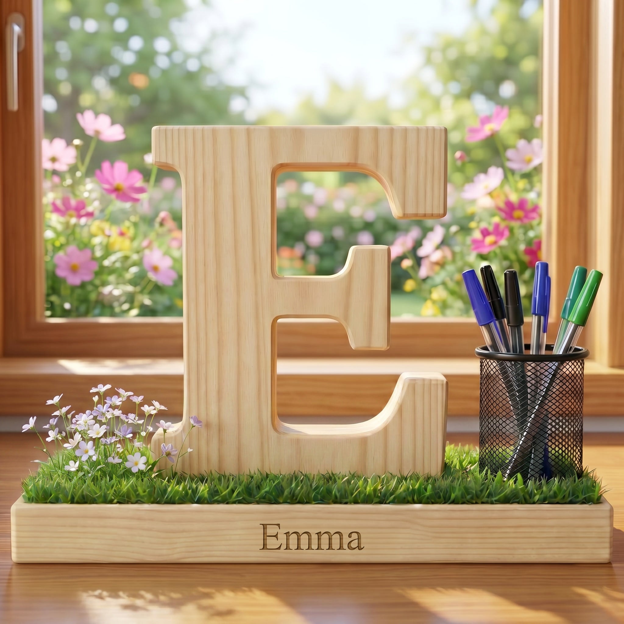Personalized Wooden Capital Letter E Organizer with Miniature Garden - Custom Name Engraved Gift for Home Office, Study Desk, and Decor.