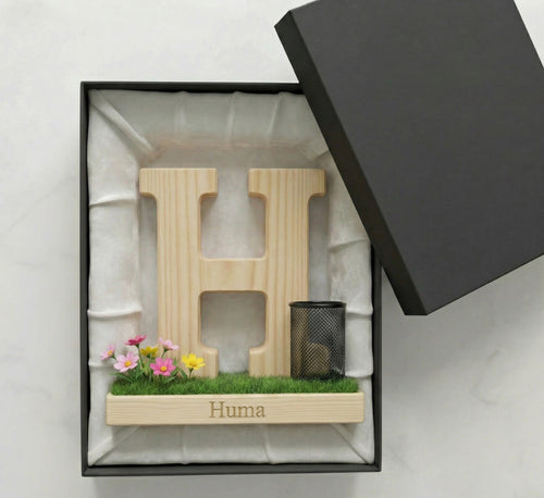 Personalized Wooden Capital Letter H Organizer with Miniature Garden - Custom Name Engraved Gift for Home Office, Study Desk, and Decor.