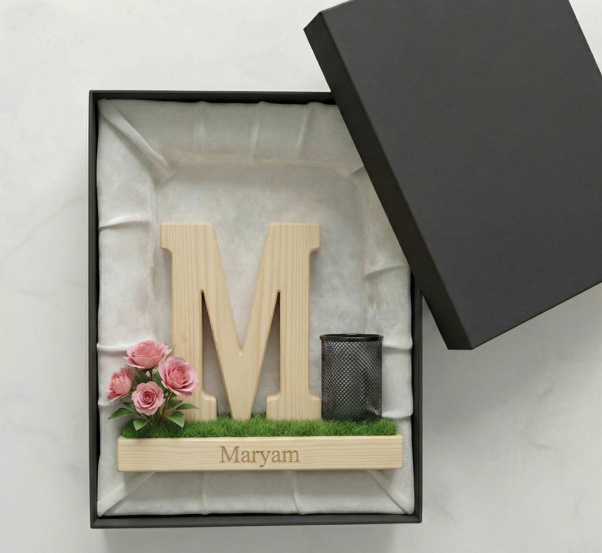 Personalized Wooden Capital Letter M Organizer with Miniature Garden - Custom Name Engraved Gift for Home Office, Study Desk, and Decor.