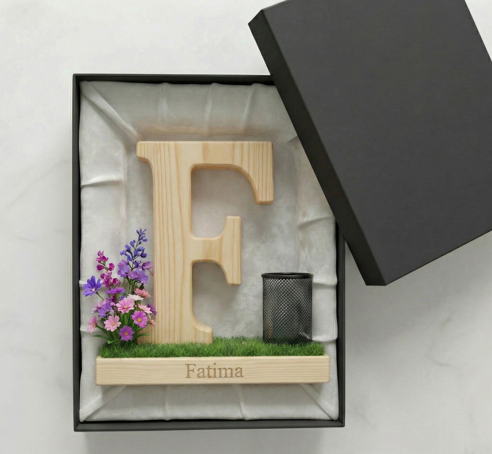 Personalized Wooden Capital Letter F Organizer with Miniature Garden - Custom Name Engraved Gift for Home Office, Study Desk, and Decor.