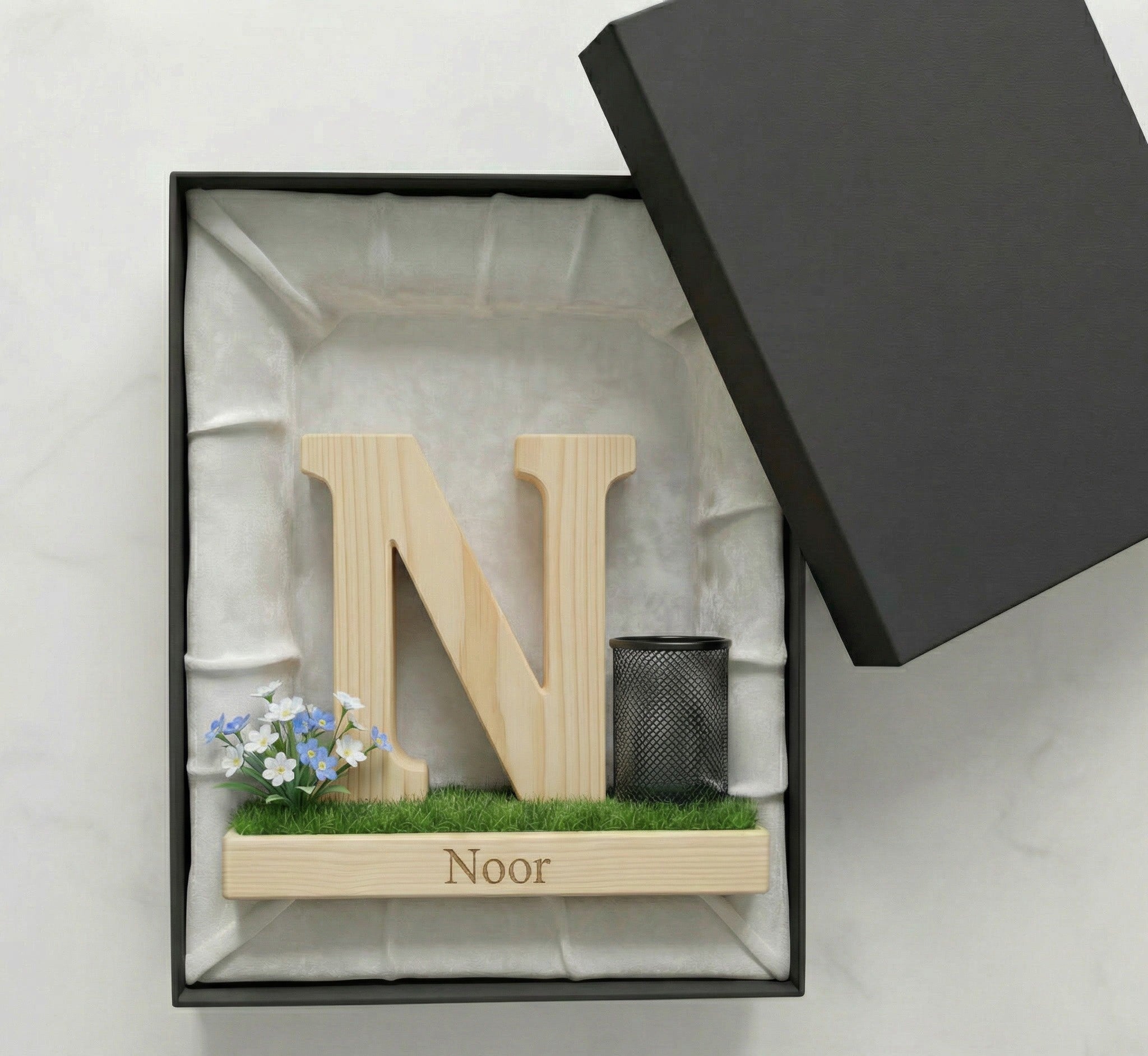 Personalized Wooden Capital Letter N Organizer with Miniature Garden - Custom Name Engraved Gift for Home Office, Study Desk, and Decor.