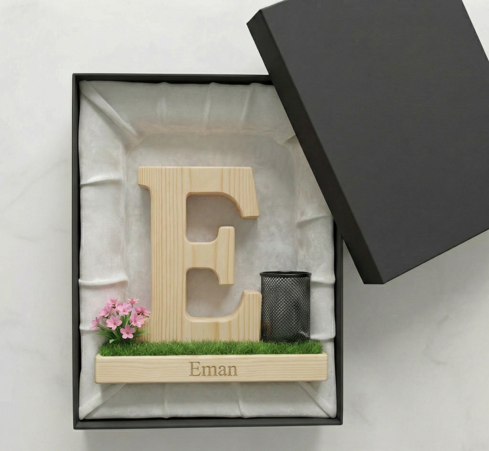 Personalized Wooden Capital Letter E Organizer with Miniature Garden - Custom Name Engraved Gift for Home Office, Study Desk, and Decor.
