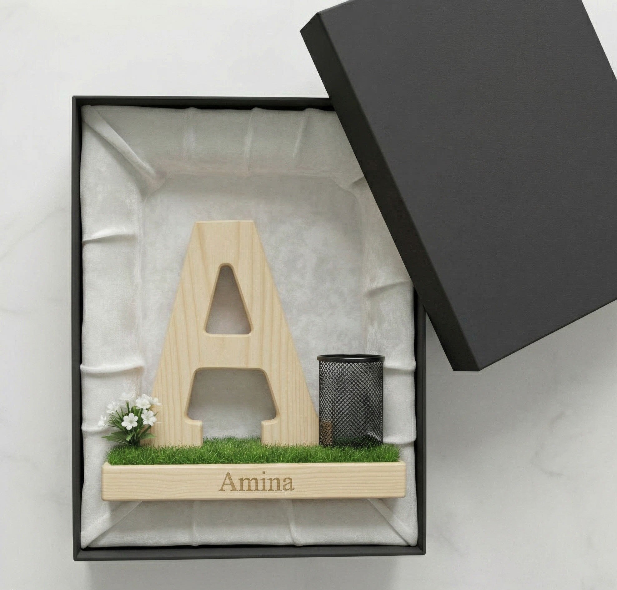 Personalized Wooden Capital Letter A Organizer with Miniature Garden - Custom Name Engraved Gift for Home Office, Study Desk, and Decor.