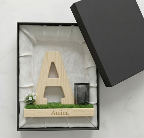 Personalized Wooden Capital Letter A Organizer with Miniature Garden - Custom Name Engraved Gift for Home Office, Study Desk, and Decor.